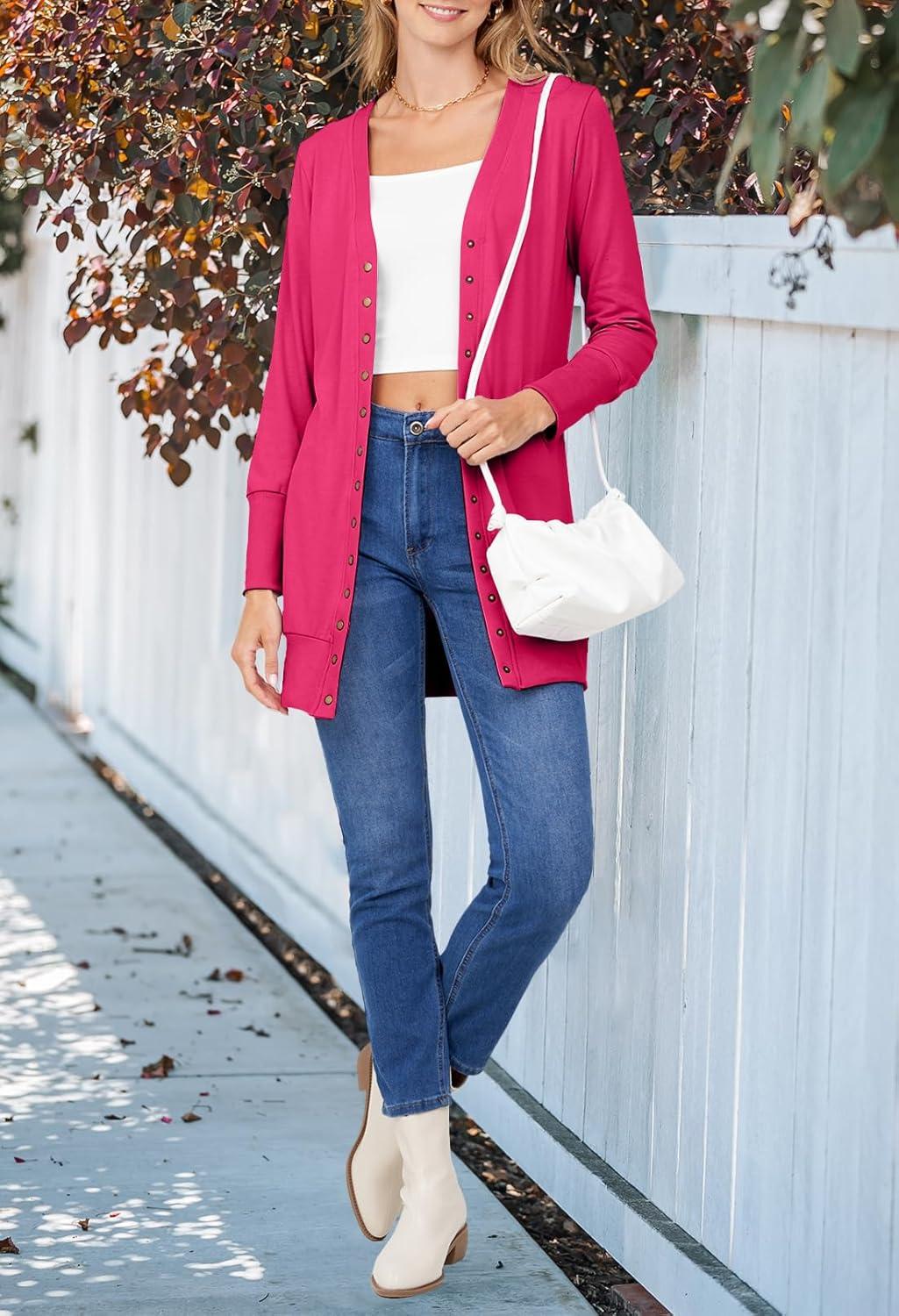imageMEROKEETY Womens 2026 Spring Long Sleeve Cardigan Sweater Lightweight Snap Button Down Open Front Casual OutfitHot Pink