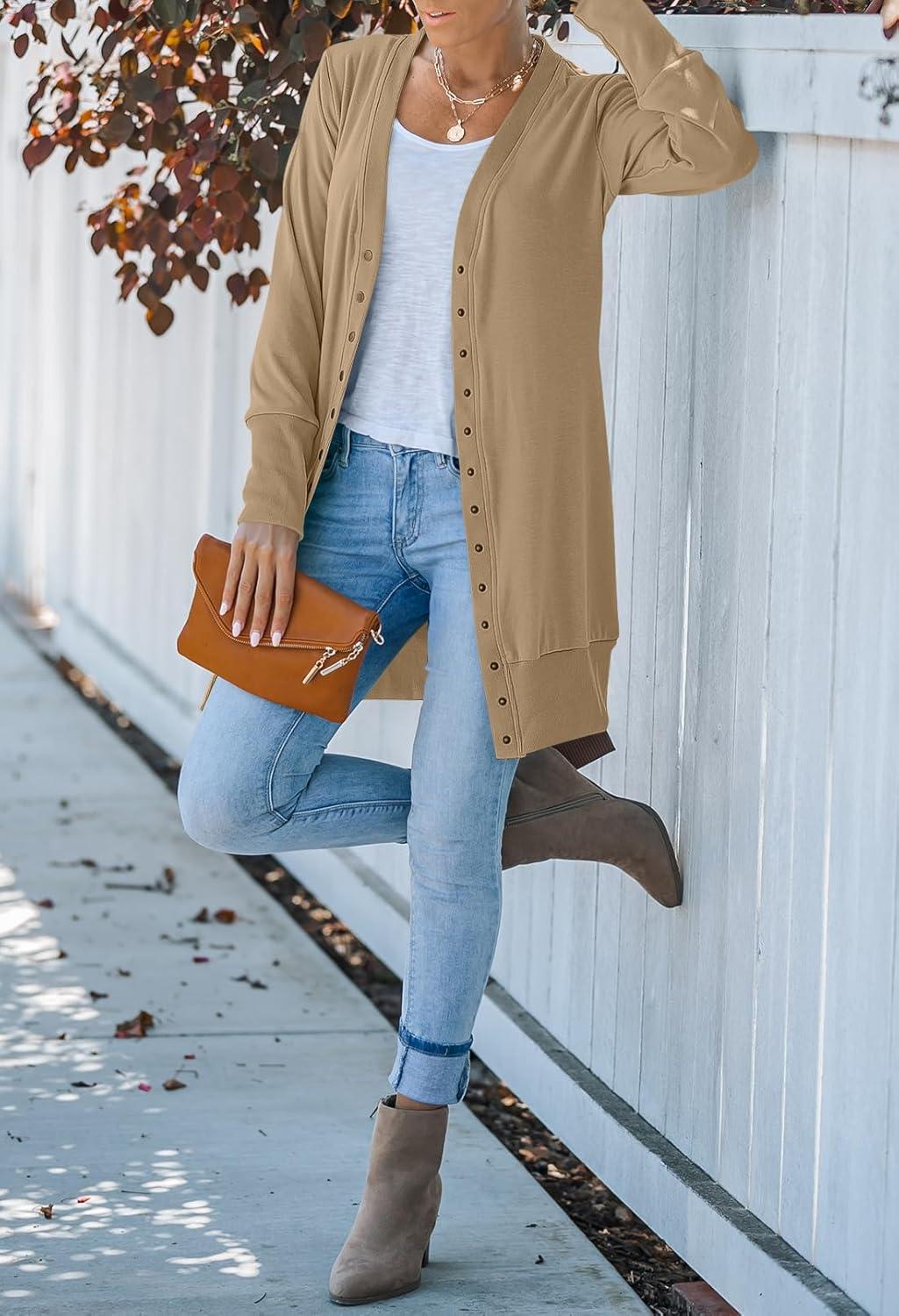 imageMEROKEETY Womens 2026 Spring Long Sleeve Cardigan Sweater Lightweight Snap Button Down Open Front Casual OutfitKhaki