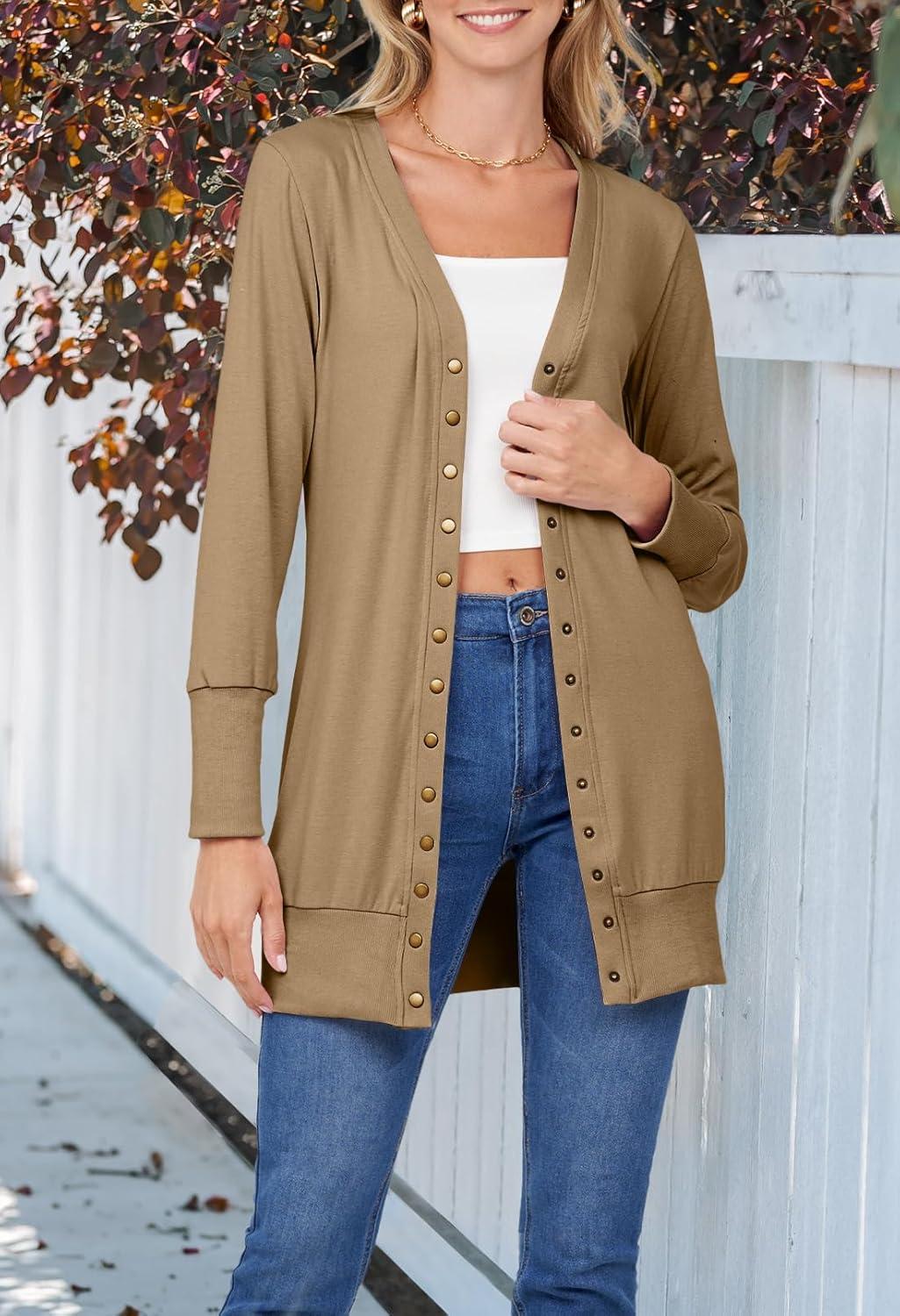 imageMEROKEETY Womens 2026 Spring Long Sleeve Cardigan Sweater Lightweight Snap Button Down Open Front Casual OutfitKhaki