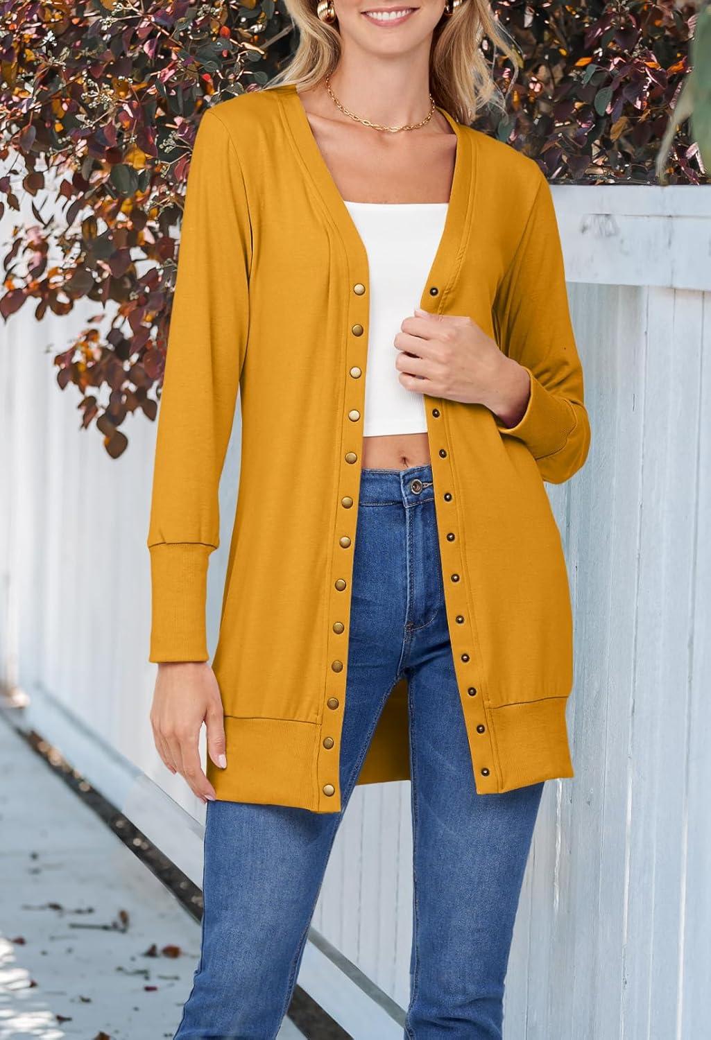 imageMEROKEETY Womens 2026 Spring Long Sleeve Cardigan Sweater Lightweight Snap Button Down Open Front Casual OutfitMustard