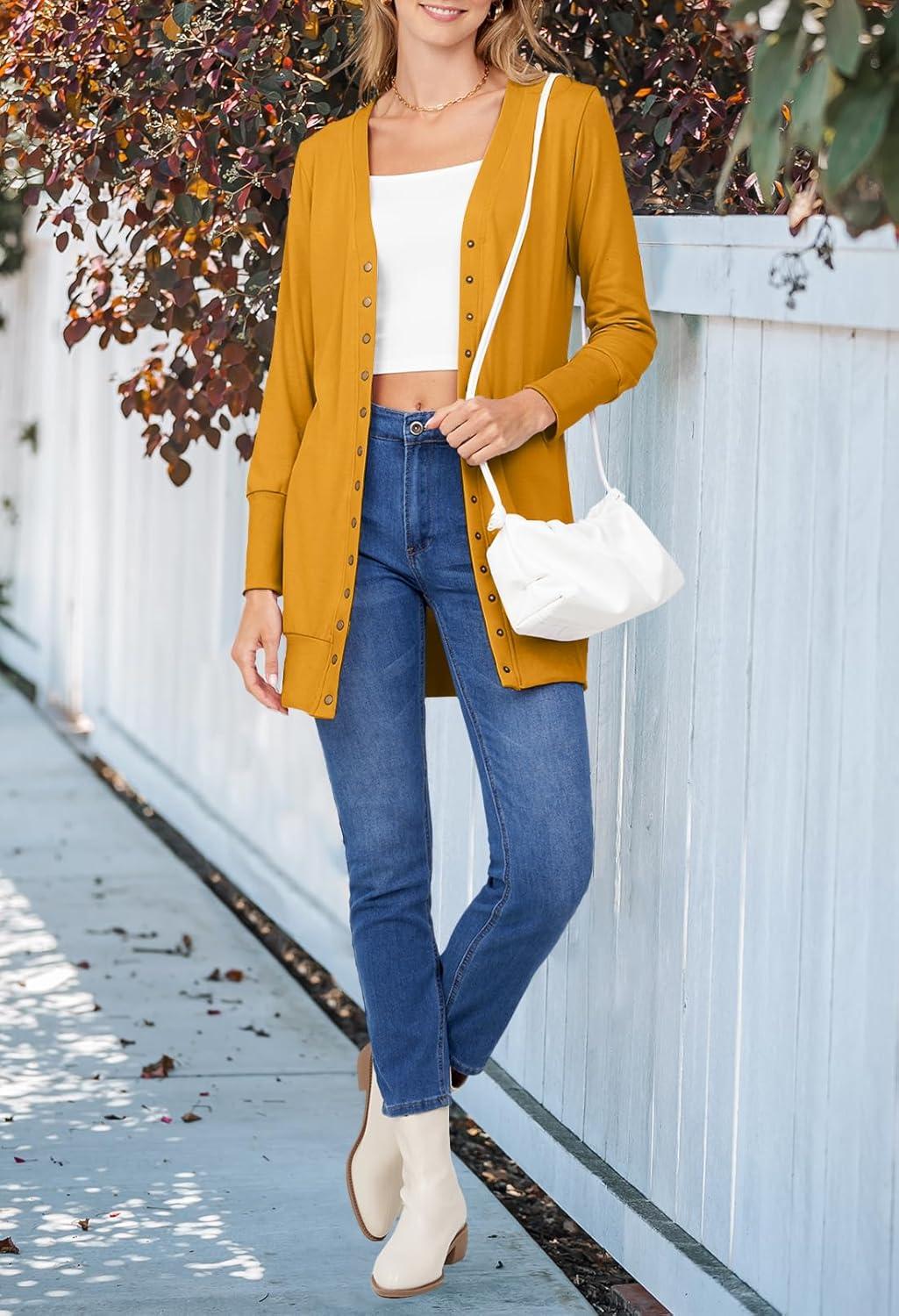 imageMEROKEETY Womens 2026 Spring Long Sleeve Cardigan Sweater Lightweight Snap Button Down Open Front Casual OutfitMustard