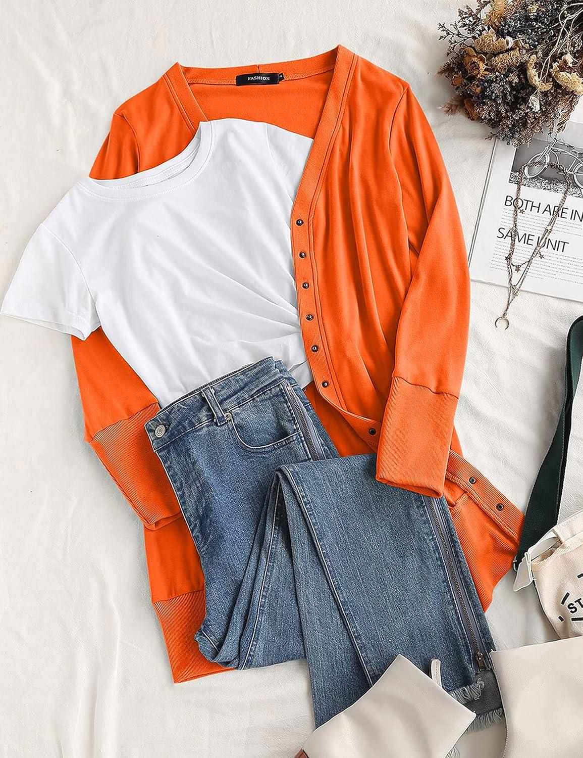 imageMEROKEETY Womens 2026 Spring Long Sleeve Cardigan Sweater Lightweight Snap Button Down Open Front Casual OutfitOrange