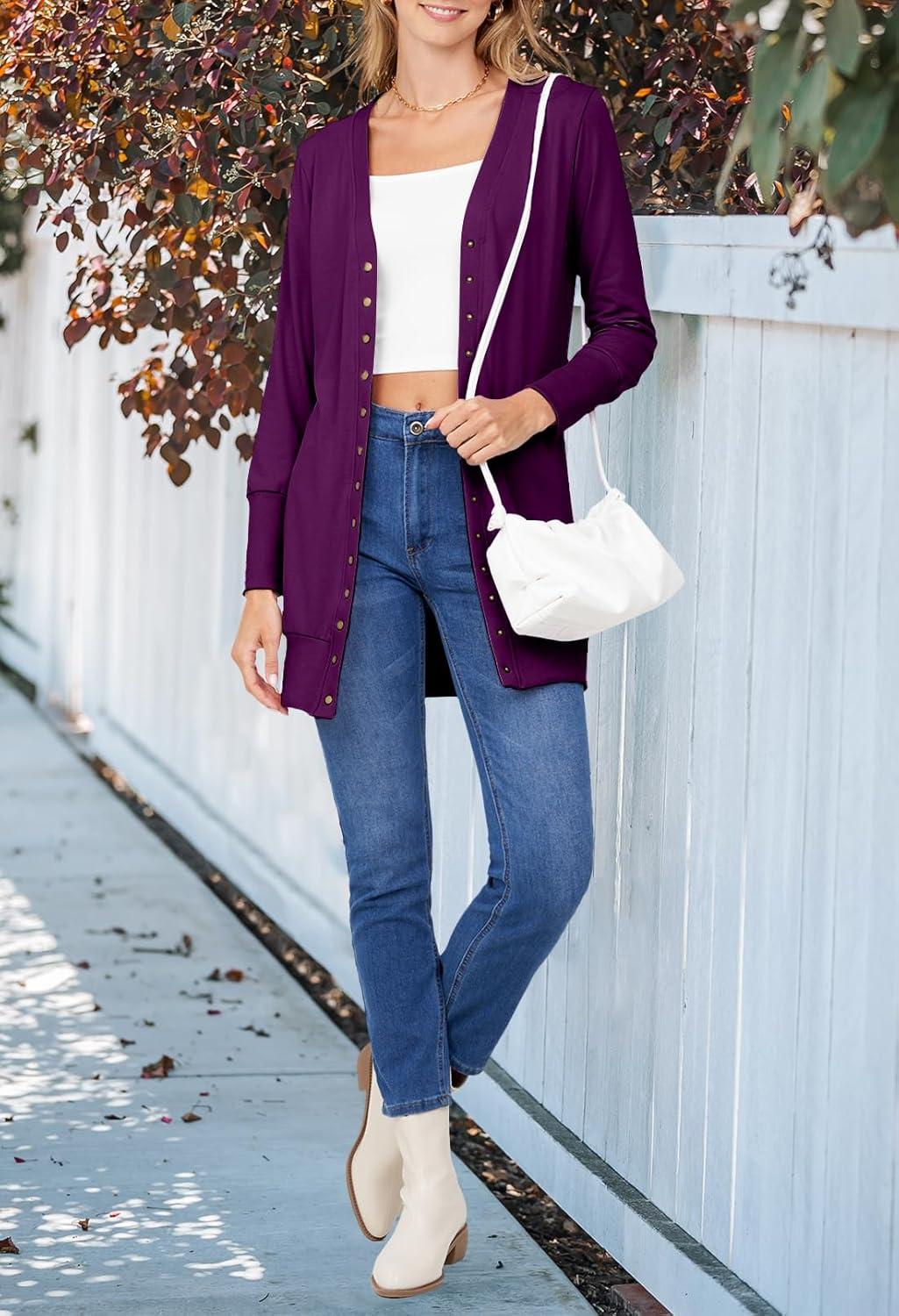 imageMEROKEETY Womens 2026 Spring Long Sleeve Cardigan Sweater Lightweight Snap Button Down Open Front Casual OutfitPlum