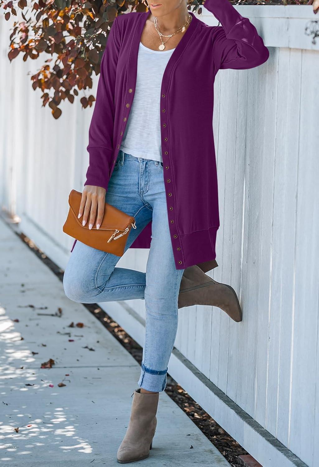 imageMEROKEETY Womens 2026 Spring Long Sleeve Cardigan Sweater Lightweight Snap Button Down Open Front Casual OutfitPlum