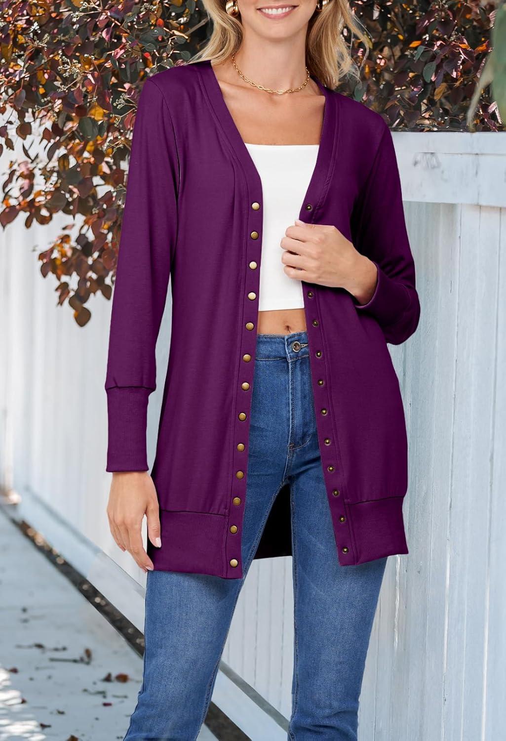 imageMEROKEETY Womens 2026 Spring Long Sleeve Cardigan Sweater Lightweight Snap Button Down Open Front Casual OutfitPlum