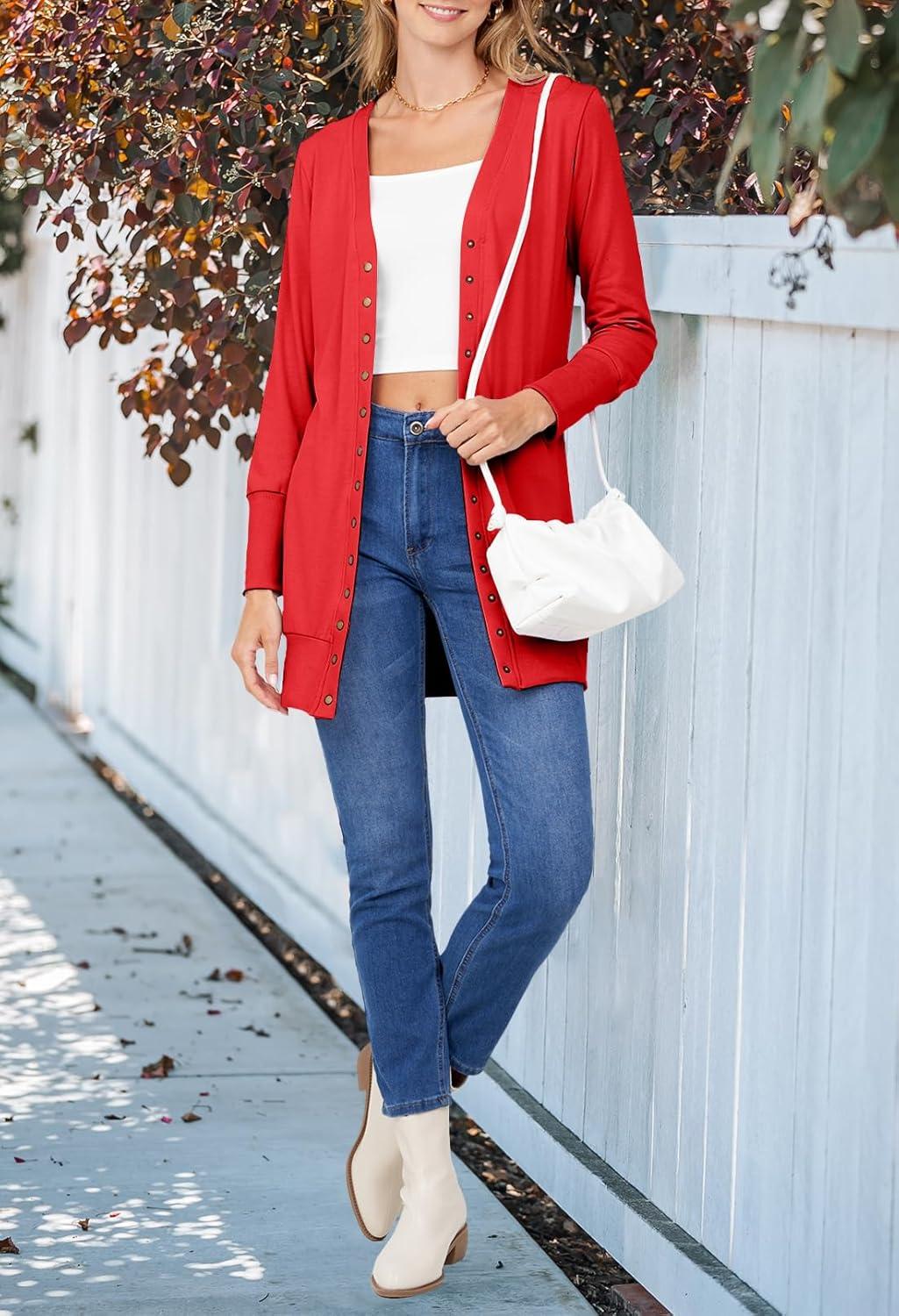 imageMEROKEETY Womens 2026 Spring Long Sleeve Cardigan Sweater Lightweight Snap Button Down Open Front Casual OutfitRed