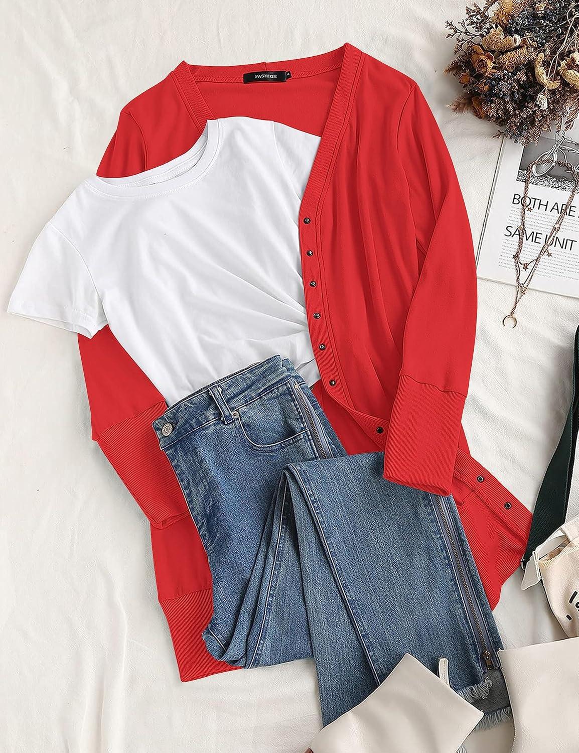 imageMEROKEETY Womens 2026 Spring Long Sleeve Cardigan Sweater Lightweight Snap Button Down Open Front Casual OutfitRed