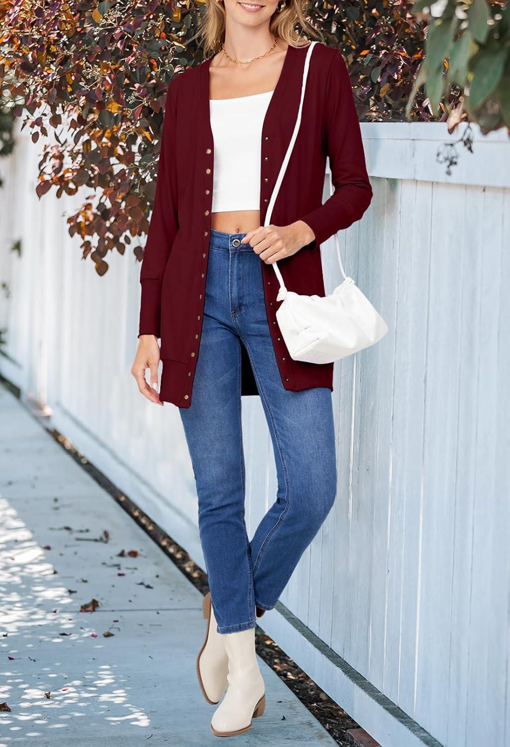 imageMEROKEETY Womens 2026 Spring Long Sleeve Cardigan Sweater Lightweight Snap Button Down Open Front Casual OutfitWine