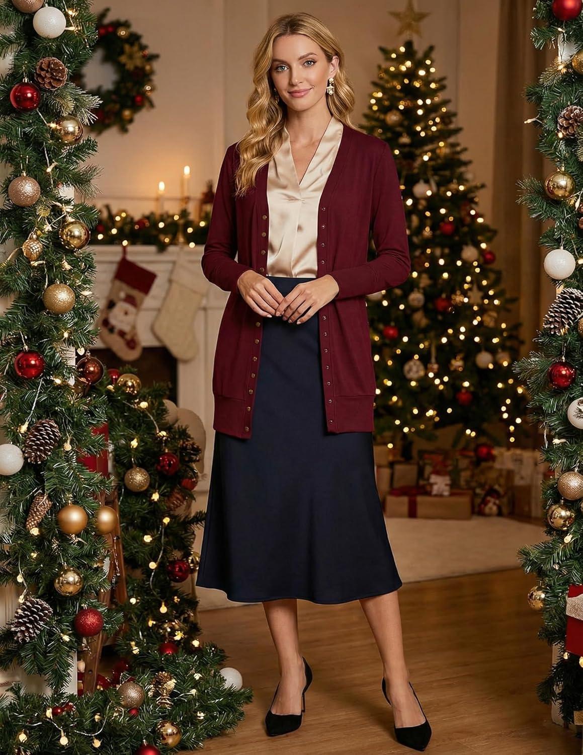 imageMEROKEETY Womens 2026 Spring Long Sleeve Cardigan Sweater Lightweight Snap Button Down Open Front Casual OutfitWine