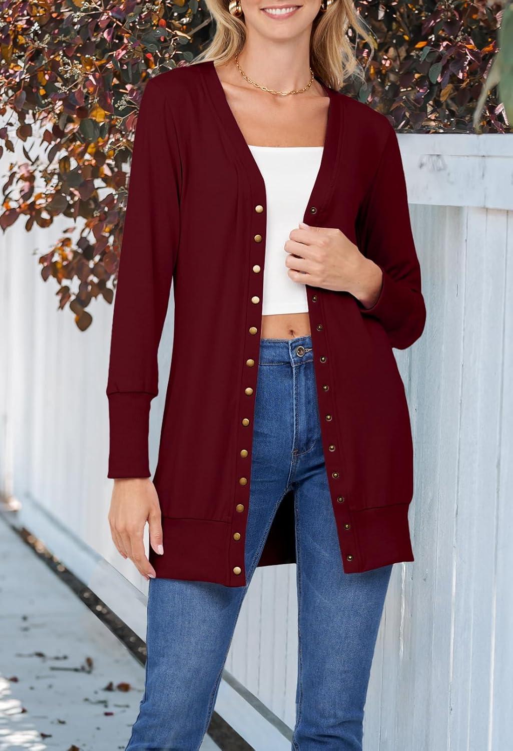 imageMEROKEETY Womens 2026 Spring Long Sleeve Cardigan Sweater Lightweight Snap Button Down Open Front Casual OutfitWine
