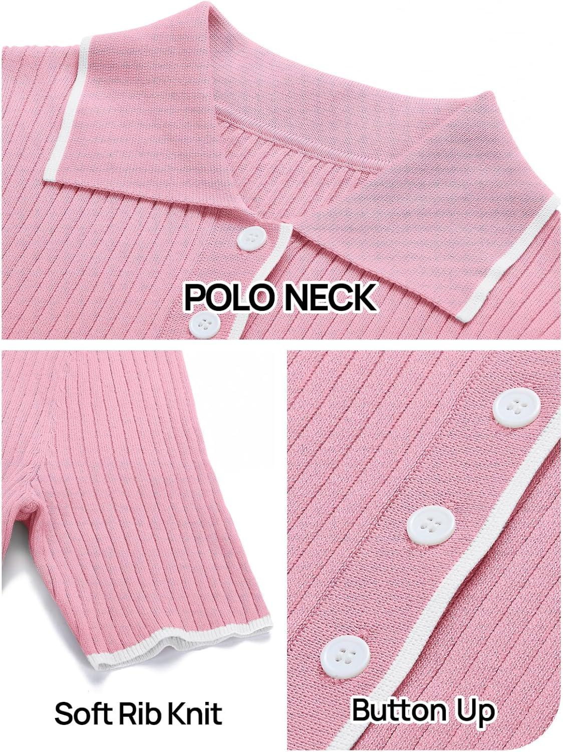 imageMEROKEETY Womens 2026 Spring Ribbed Maxi Dress Summer V Neck Button Short Sleeve Slim Fit Bodycon Knit Sweater DressesPink