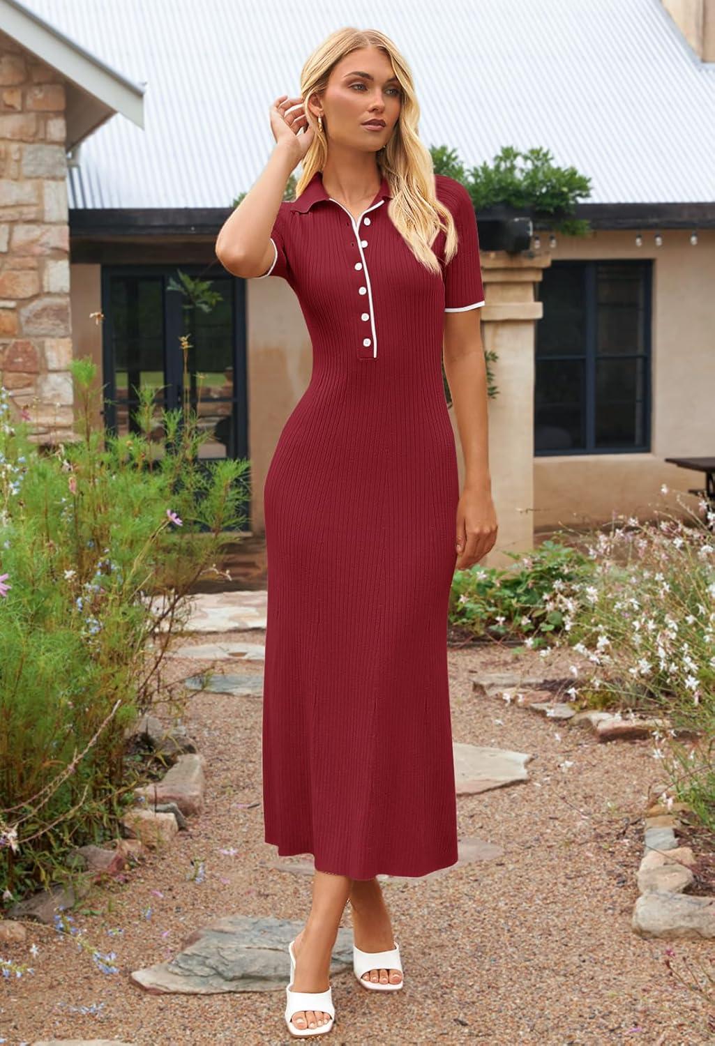 imageMEROKEETY Womens 2026 Spring Ribbed Maxi Dress Summer V Neck Button Short Sleeve Slim Fit Bodycon Knit Sweater DressesWine