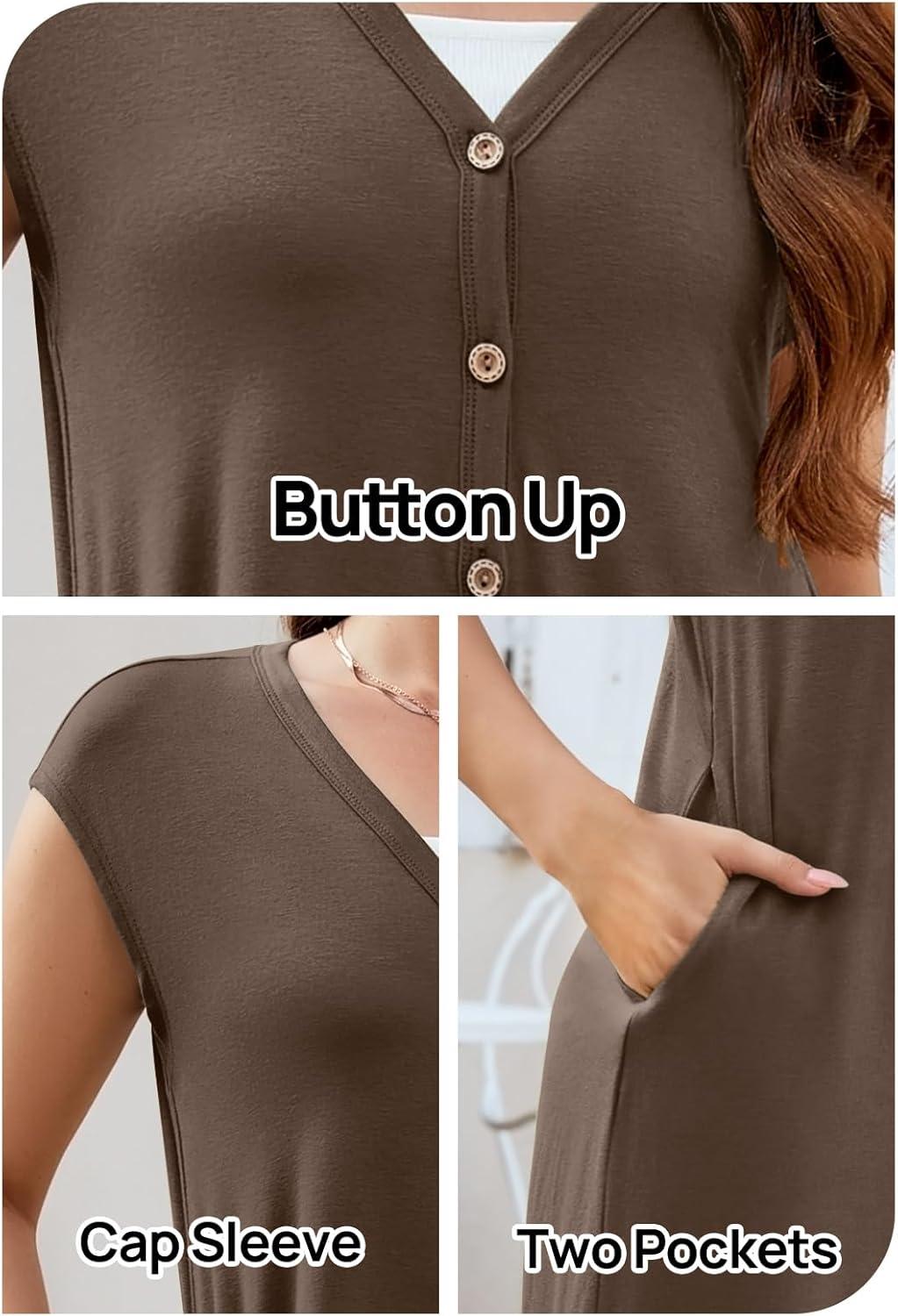 imageMEROKEETY Womens 2026 Summer Cap Sleeve Jumpsuits Dressy Casual Deep V Neck Button Onesie Wide Leg Pants RompersCoffee
