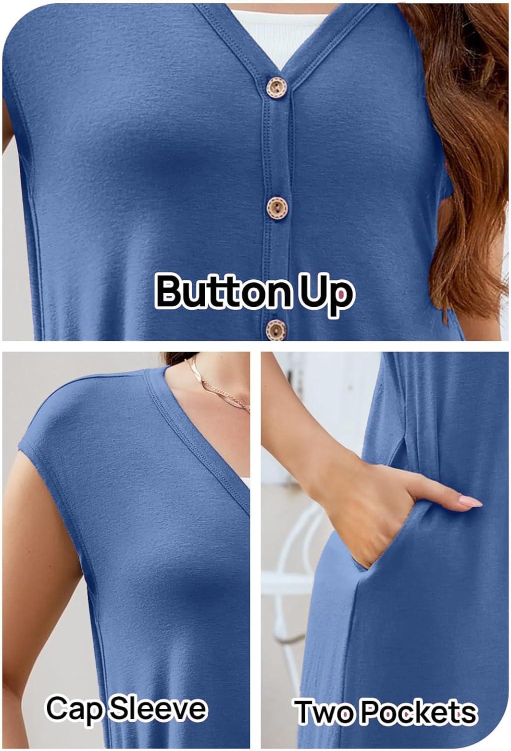 imageMEROKEETY Womens 2026 Summer Cap Sleeve Jumpsuits Dressy Casual Deep V Neck Button Onesie Wide Leg Pants RompersDark Blue