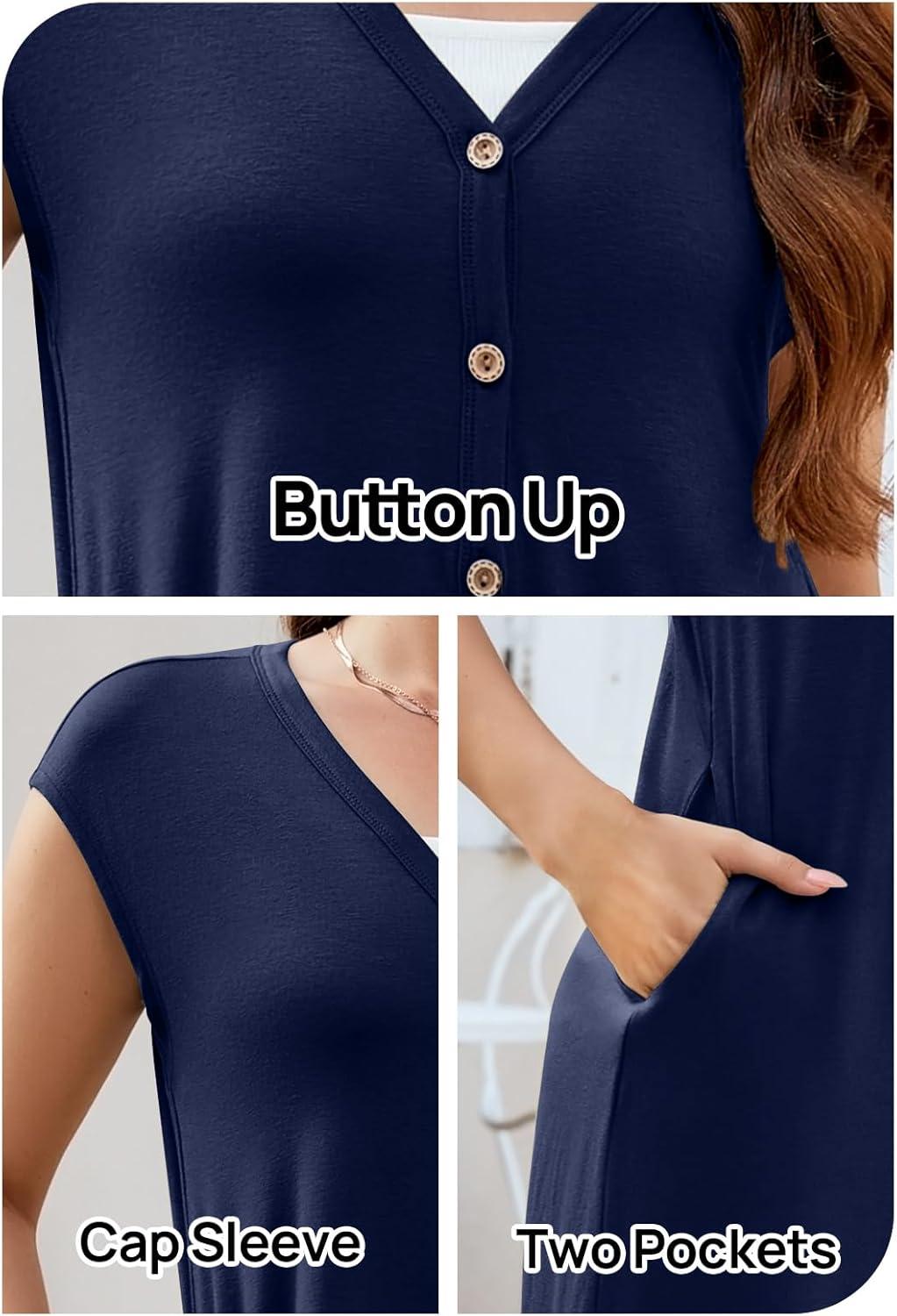 imageMEROKEETY Womens 2026 Summer Cap Sleeve Jumpsuits Dressy Casual Deep V Neck Button Onesie Wide Leg Pants RompersNavy