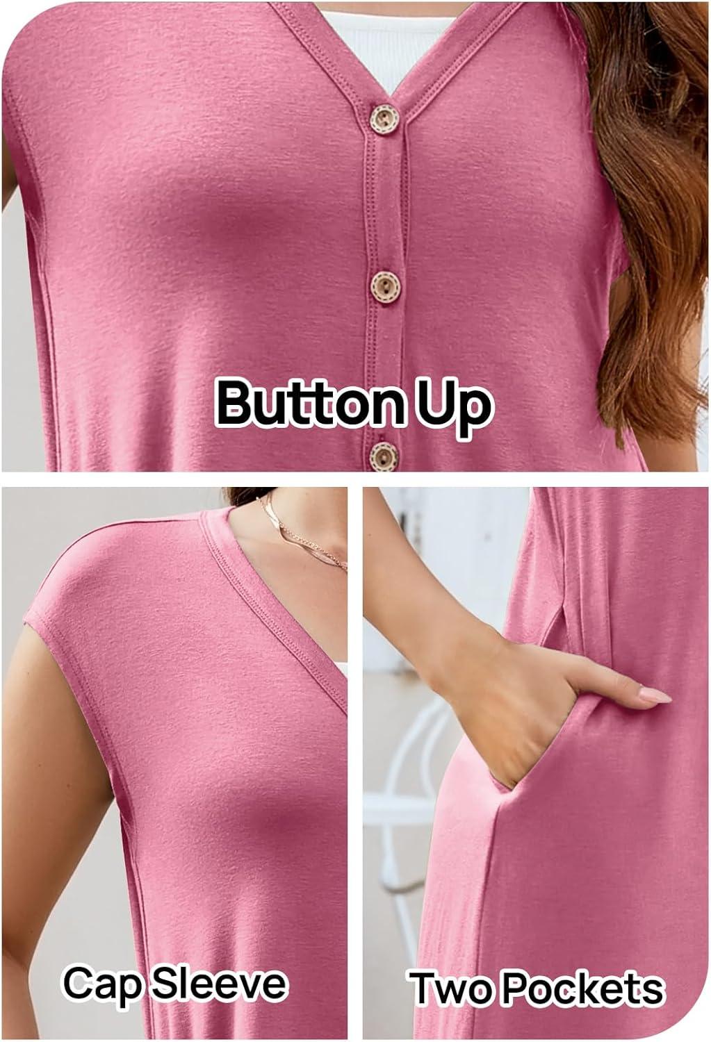 imageMEROKEETY Womens 2026 Summer Cap Sleeve Jumpsuits Dressy Casual Deep V Neck Button Onesie Wide Leg Pants RompersPink