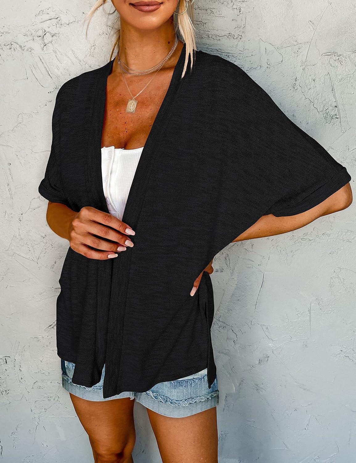 imageMEROKEETY Womens 2026 Summer Lightweight Kimono Cardigan Short Sleeve Open Front Casual Loose Trendy Beach Cover UpsBlack