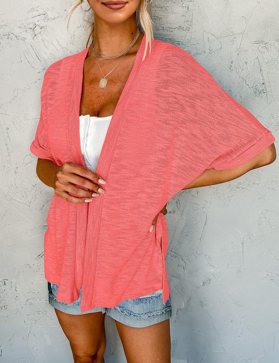 imageMEROKEETY Womens 2026 Summer Lightweight Kimono Cardigan Short Sleeve Open Front Casual Loose Trendy Beach Cover UpsCoral