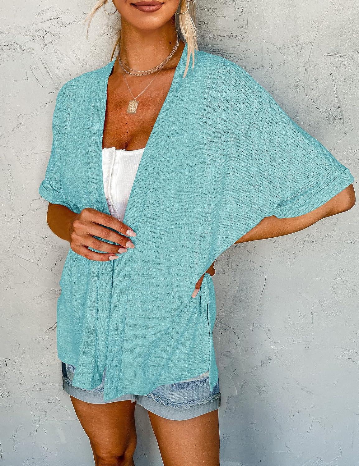 imageMEROKEETY Womens 2026 Summer Lightweight Kimono Cardigan Short Sleeve Open Front Casual Loose Trendy Beach Cover UpsLake Blue