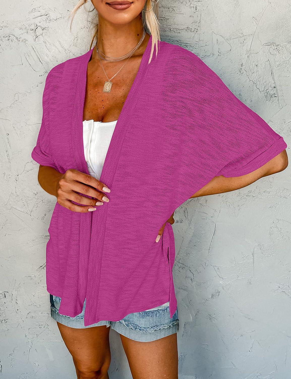 imageMEROKEETY Womens 2026 Summer Lightweight Kimono Cardigan Short Sleeve Open Front Casual Loose Trendy Beach Cover UpsMagenta
