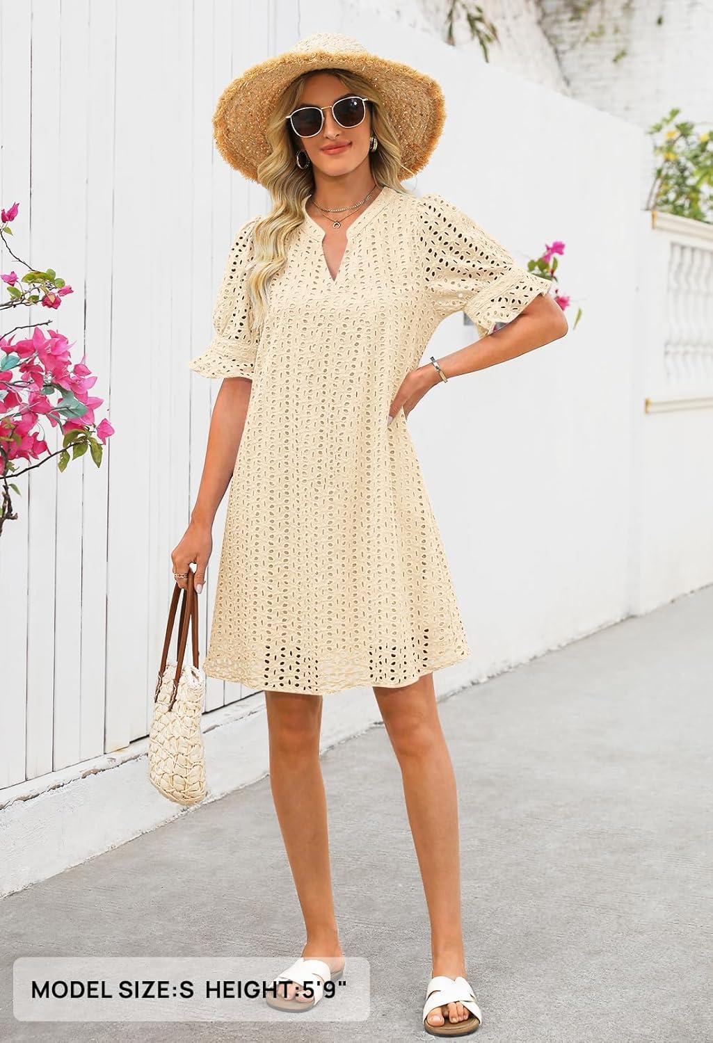 imageMEROKEETY Womens 2026 Summer Short Sleeve Mini Dress V Neck Ruffle Hollow Out Eyelet Lace DressesBeige