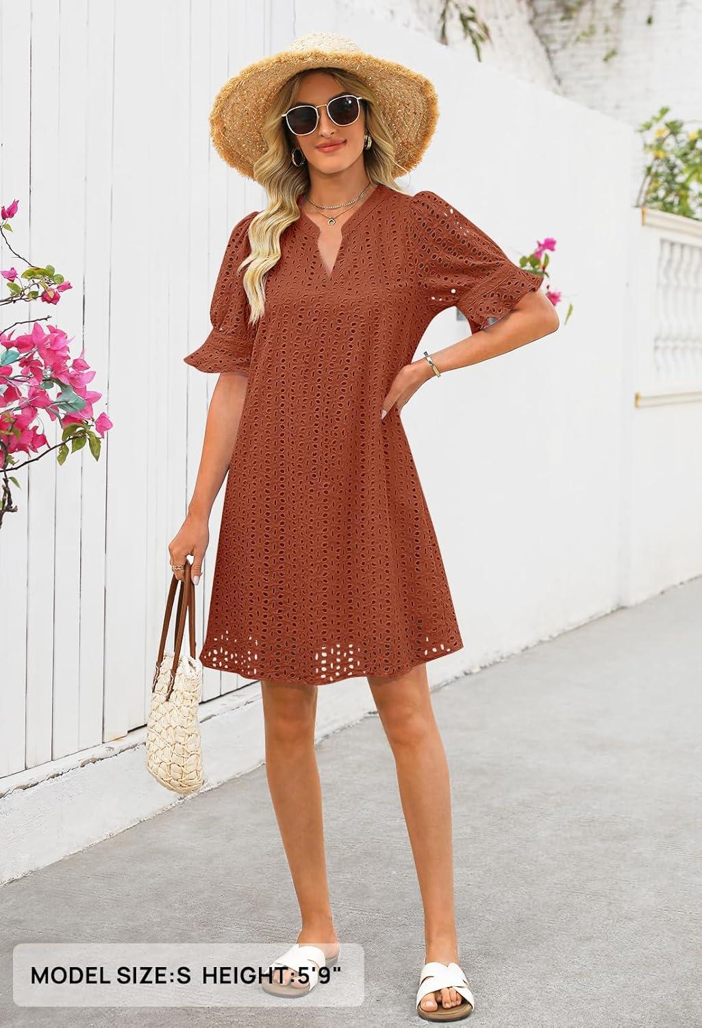 imageMEROKEETY Womens 2026 Summer Short Sleeve Mini Dress V Neck Ruffle Hollow Out Eyelet Lace DressesBrickred