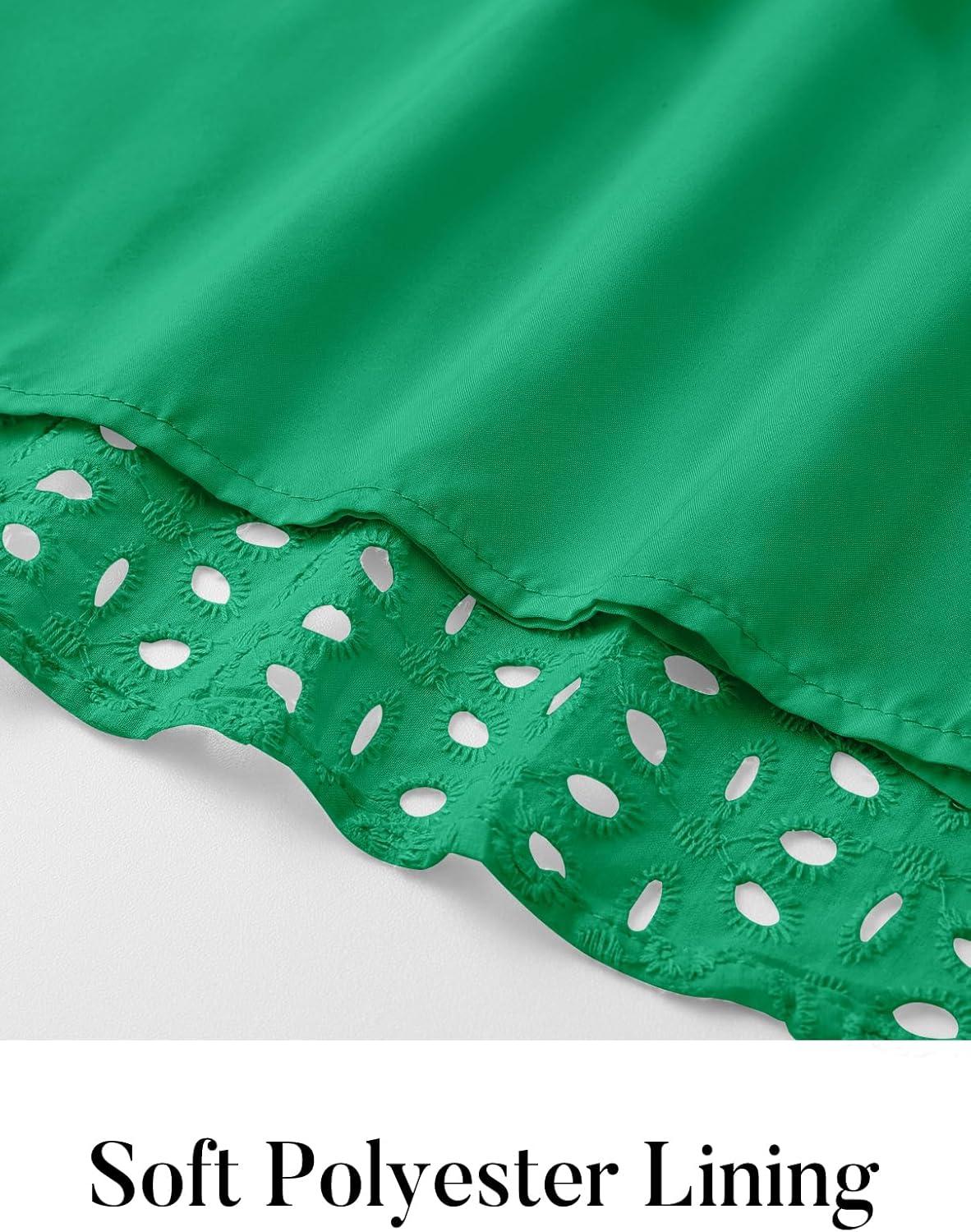imageMEROKEETY Womens 2026 Summer Short Sleeve Mini Dress V Neck Ruffle Hollow Out Eyelet Lace DressesGreen