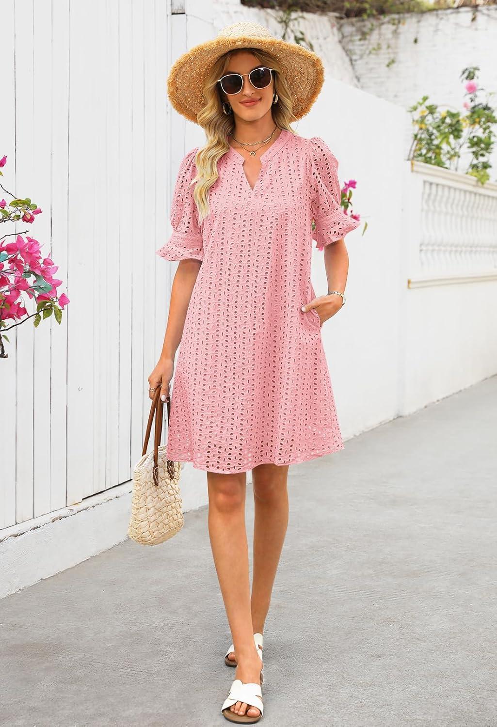 imageMEROKEETY Womens 2026 Summer Short Sleeve Mini Dress V Neck Ruffle Hollow Out Eyelet Lace DressesPink