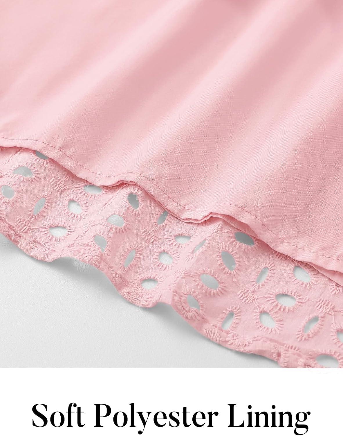 imageMEROKEETY Womens 2026 Summer Short Sleeve Mini Dress V Neck Ruffle Hollow Out Eyelet Lace DressesPink