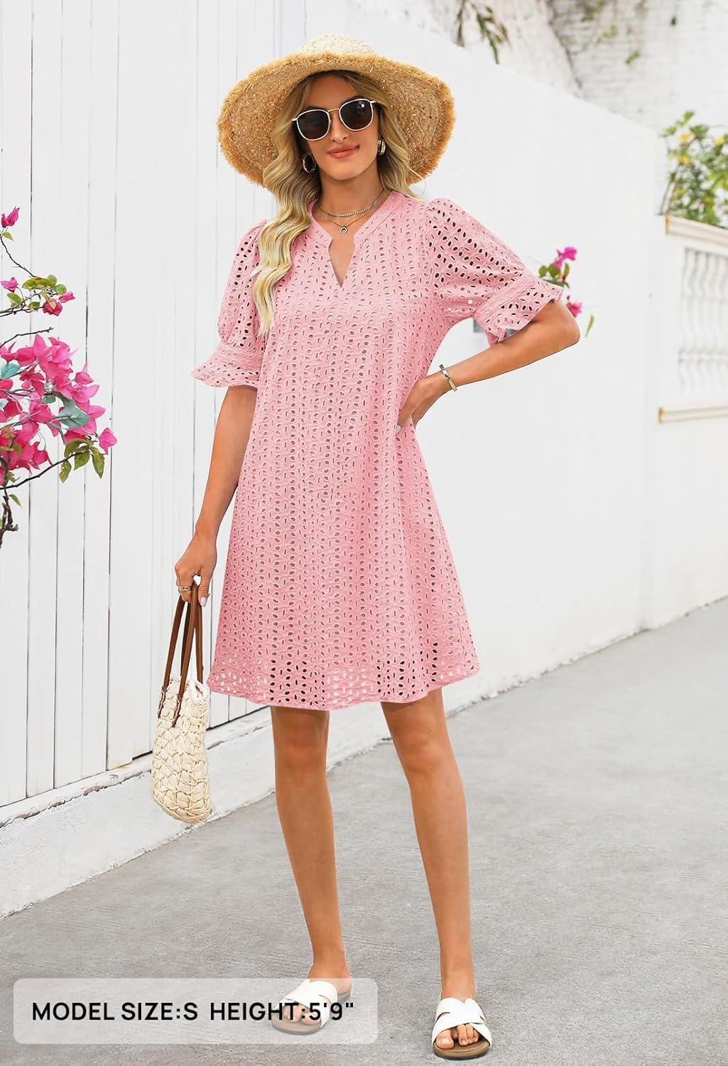 imageMEROKEETY Womens 2026 Summer Short Sleeve Mini Dress V Neck Ruffle Hollow Out Eyelet Lace DressesPink