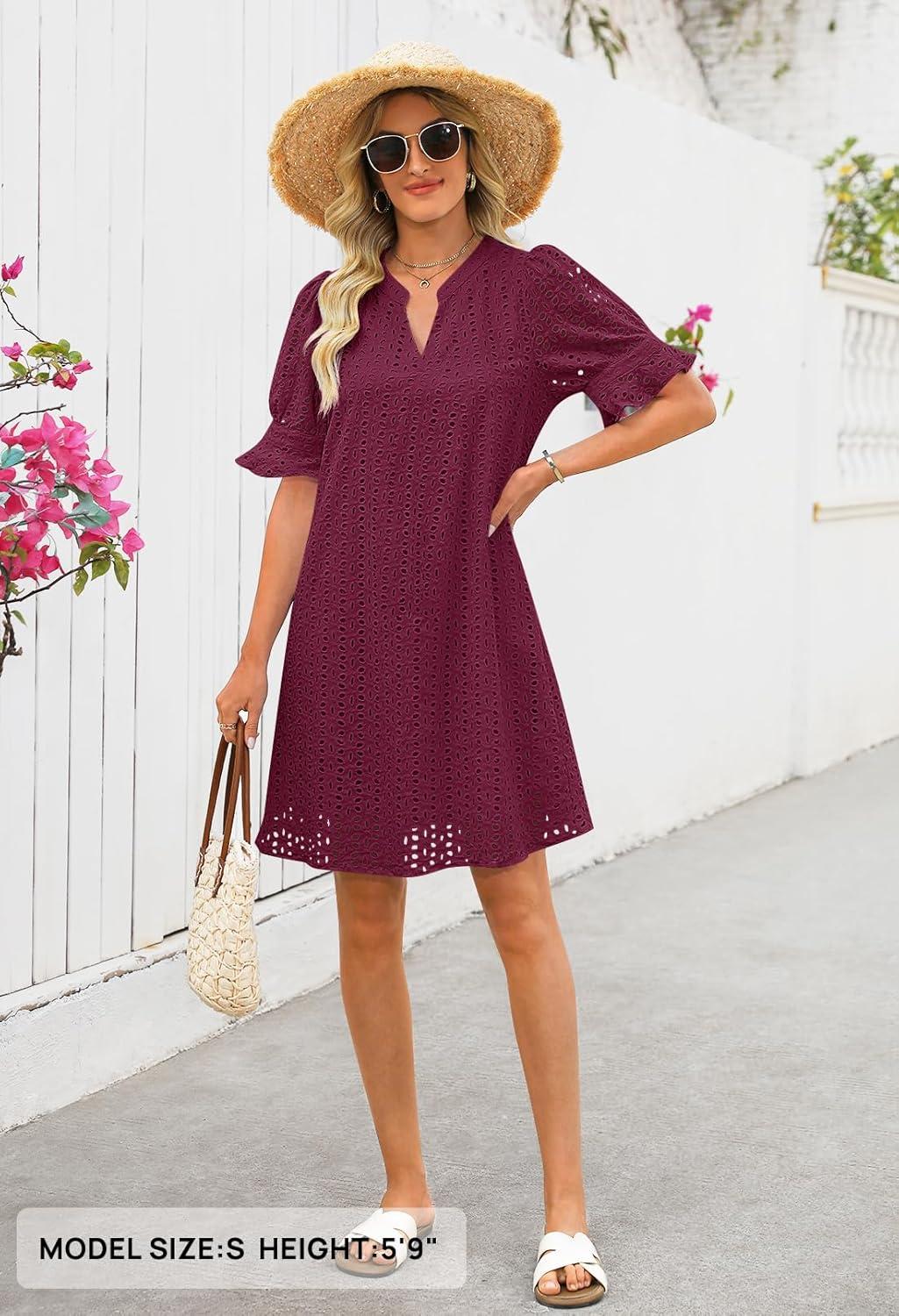 imageMEROKEETY Womens 2026 Summer Short Sleeve Mini Dress V Neck Ruffle Hollow Out Eyelet Lace DressesWine
