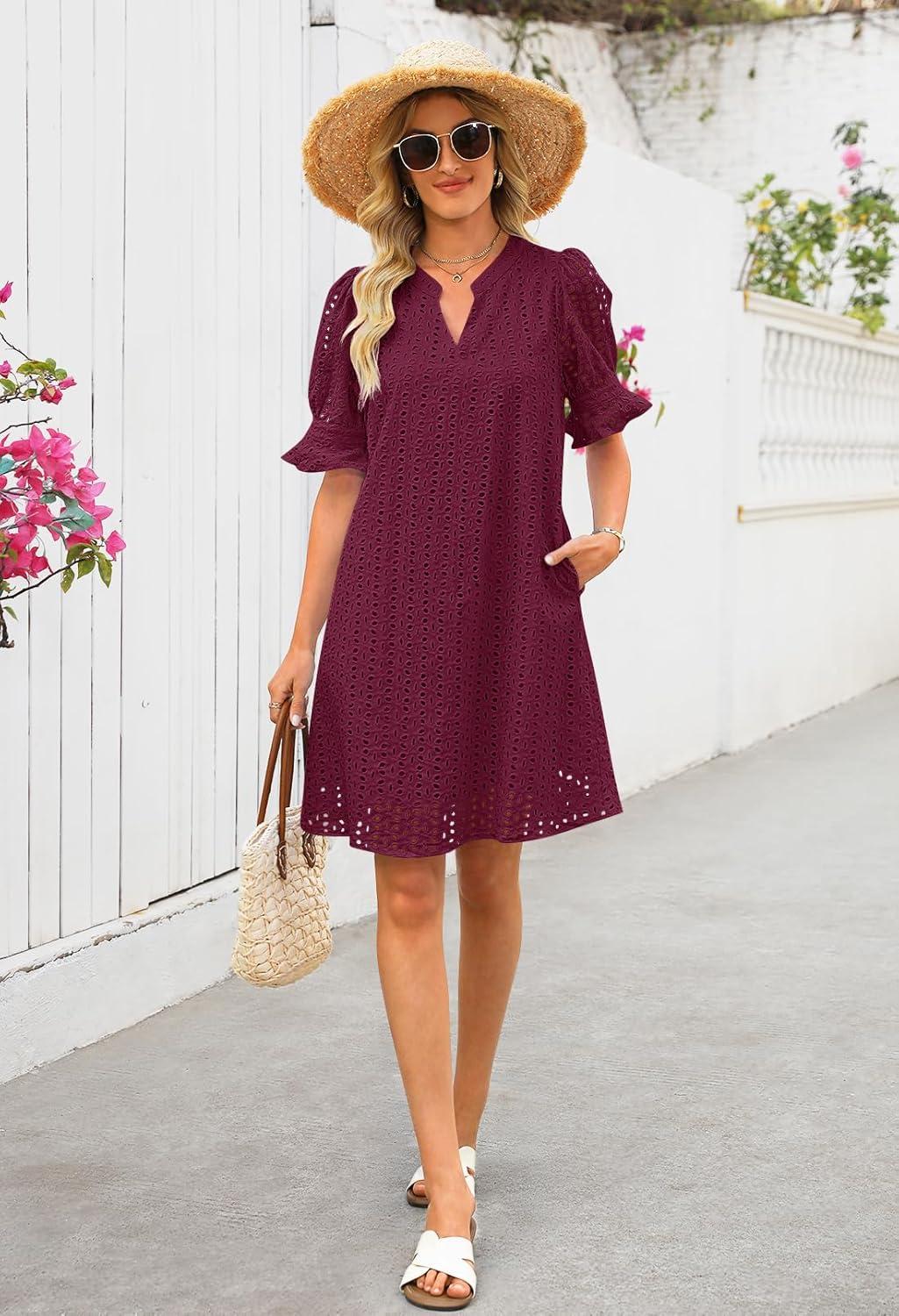 imageMEROKEETY Womens 2026 Summer Short Sleeve Mini Dress V Neck Ruffle Hollow Out Eyelet Lace DressesWine