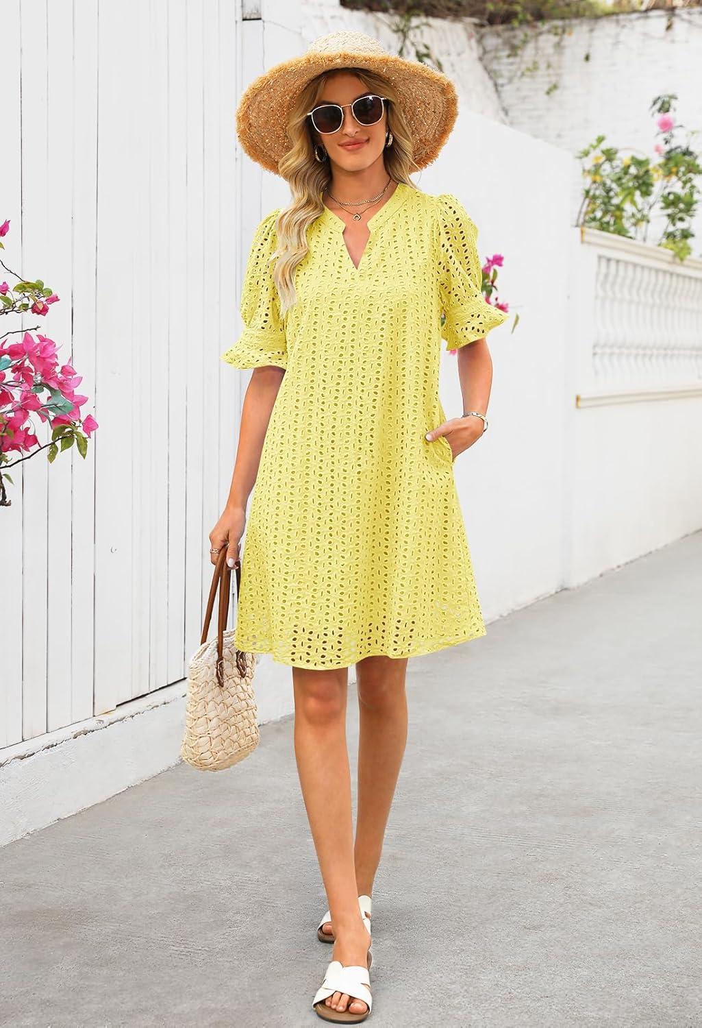 imageMEROKEETY Womens 2026 Summer Short Sleeve Mini Dress V Neck Ruffle Hollow Out Eyelet Lace DressesYellow