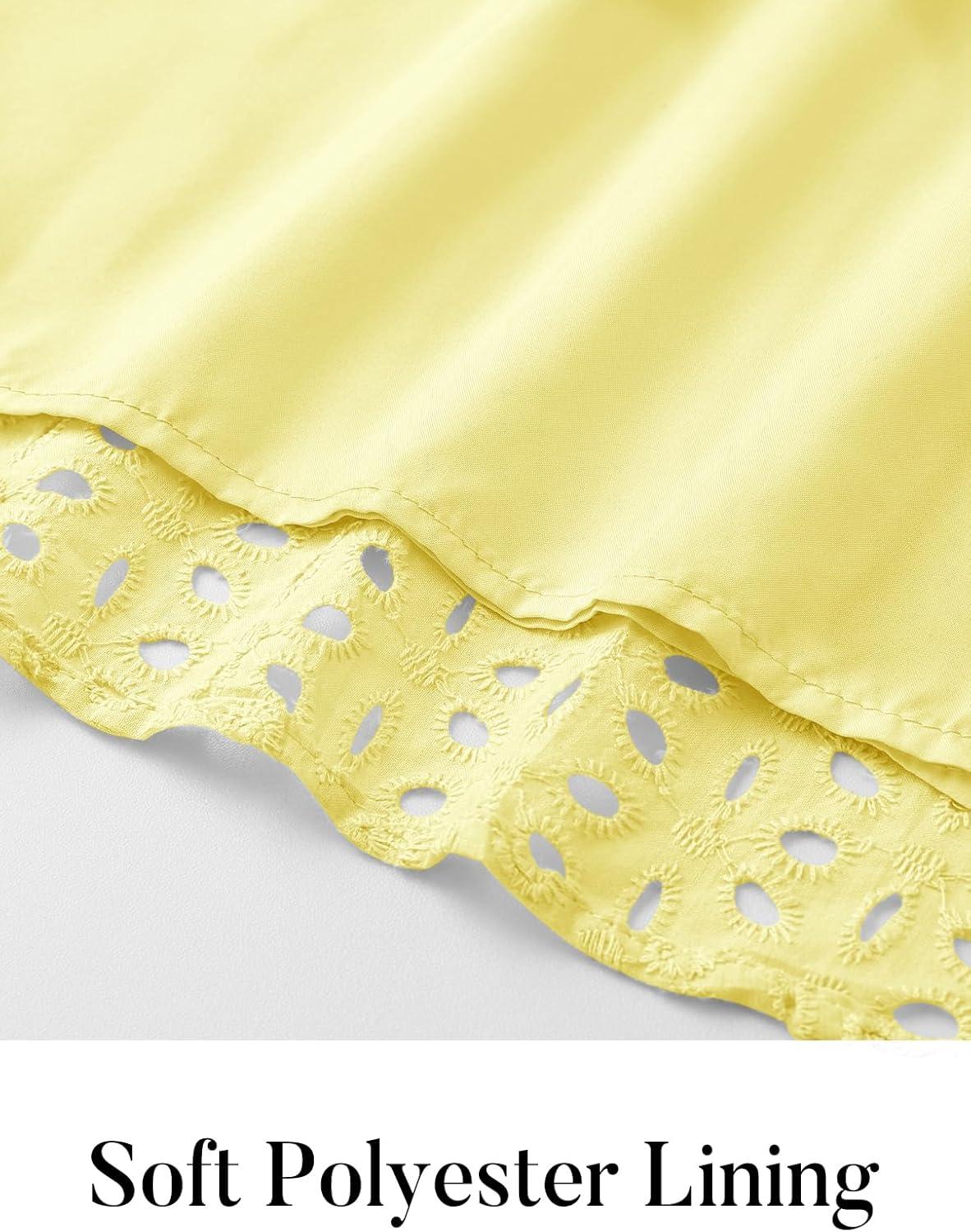 imageMEROKEETY Womens 2026 Summer Short Sleeve Mini Dress V Neck Ruffle Hollow Out Eyelet Lace DressesYellow