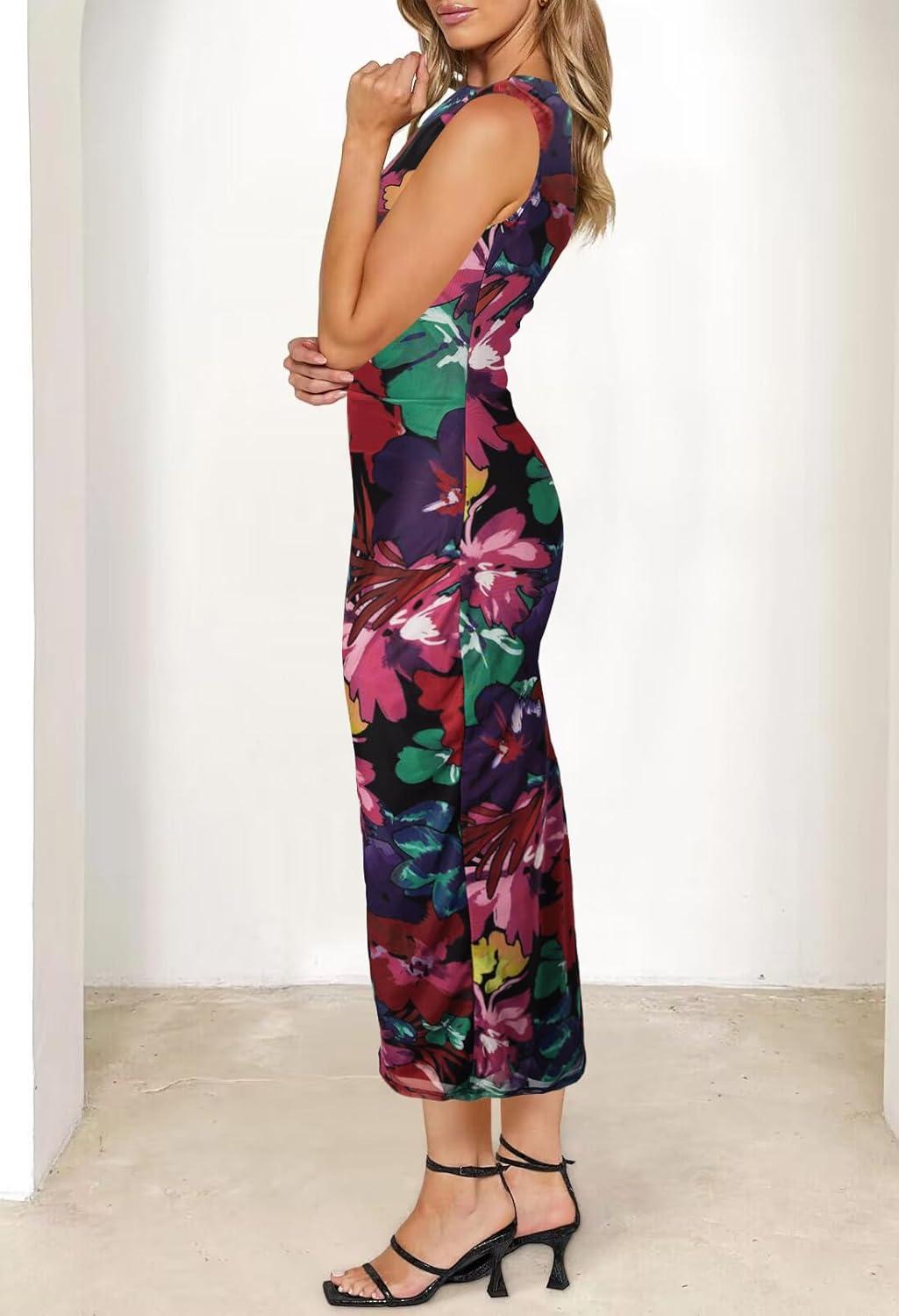imageMEROKEETY Womens 2026 Summer Sleeveless Dress Bodycon Mesh Wedding Guest Formal Cocktail Party Maxi DressesNeon