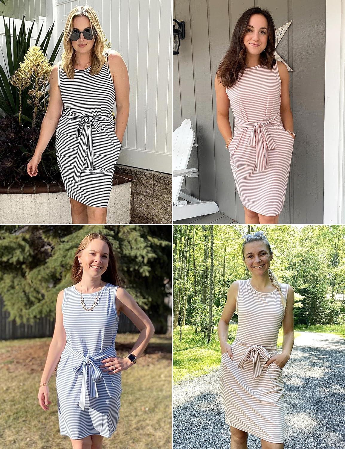 imageMEROKEETY Womens 2026 Summer Sleeveless Striped Casual Dress Crew Neck Tie Waist Mini T Shirt Dresses with PocketsBrown