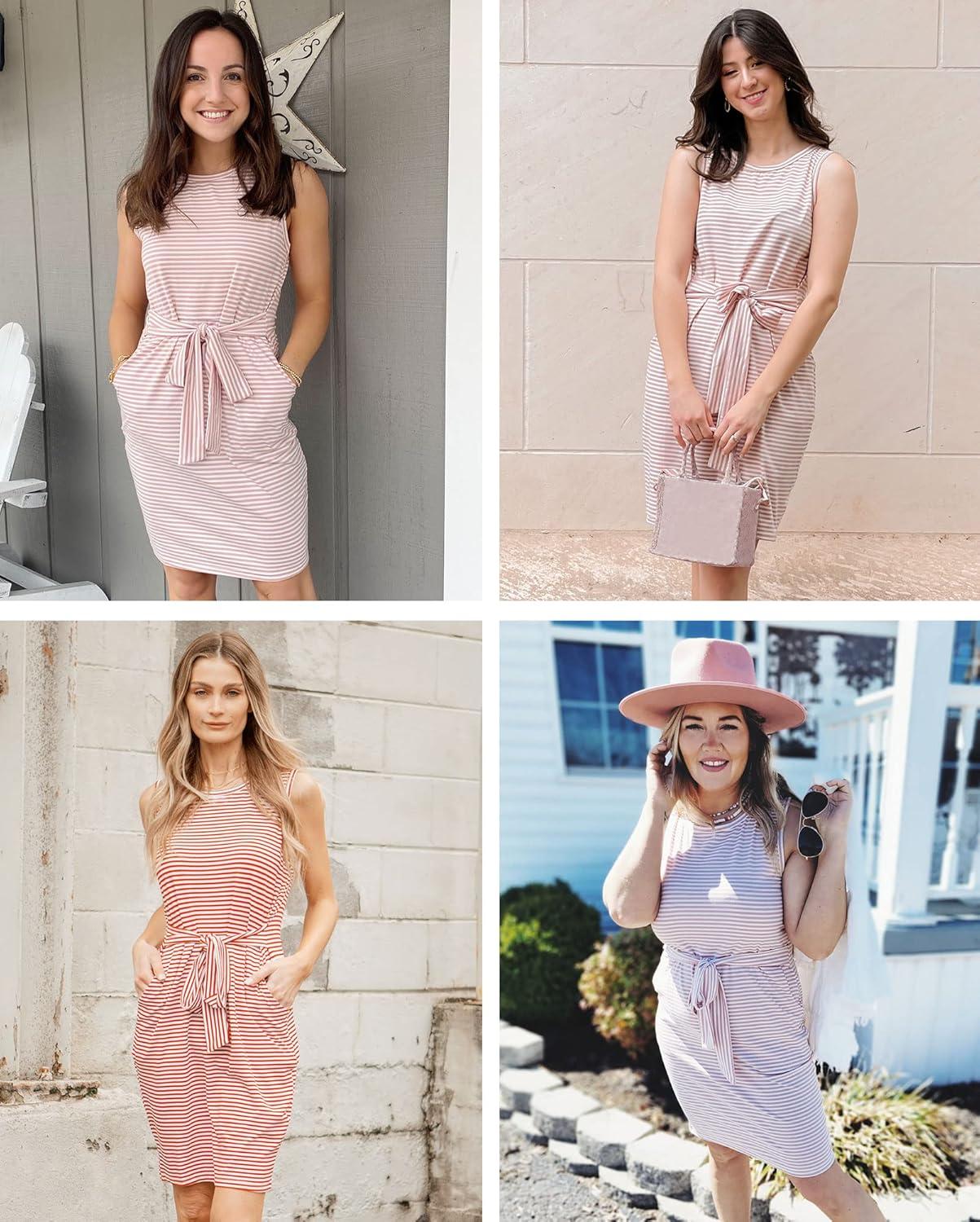 imageMEROKEETY Womens 2026 Summer Sleeveless Striped Casual Dress Crew Neck Tie Waist Mini T Shirt Dresses with PocketsWine