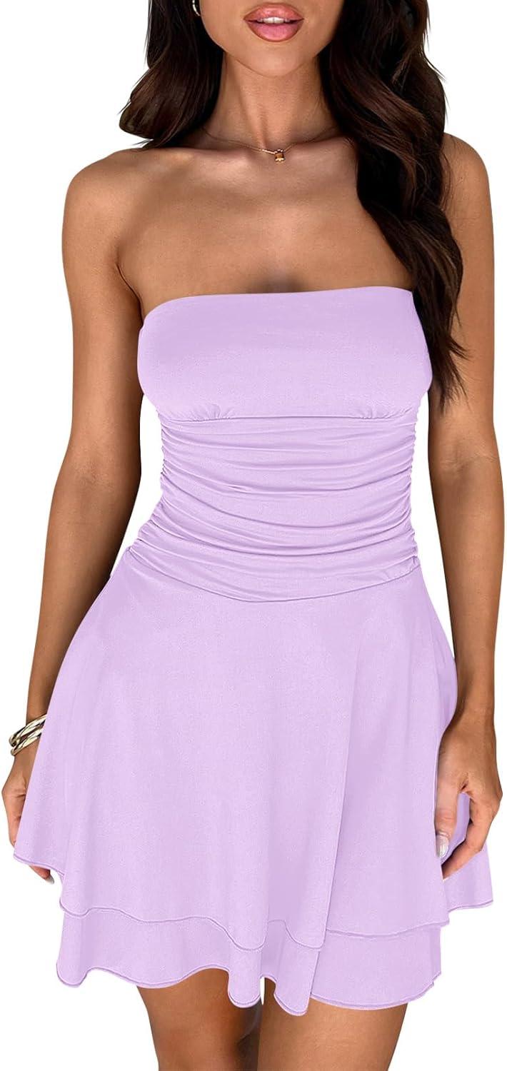 imageMEROKEETY Womens 2026 Summer Strapless Tube Dress Sexy Off Shoulder Ruffle Tiered Flowy Mini DressesLight Purple