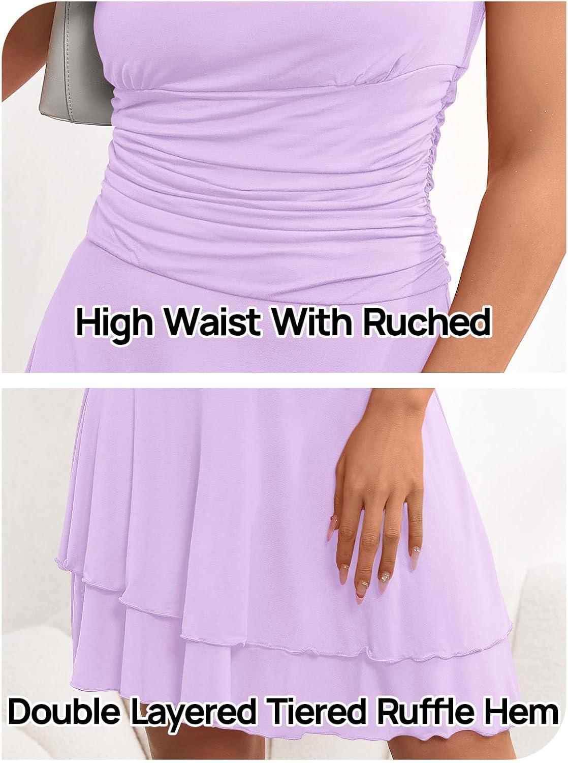 imageMEROKEETY Womens 2026 Summer Strapless Tube Dress Sexy Off Shoulder Ruffle Tiered Flowy Mini DressesLight Purple