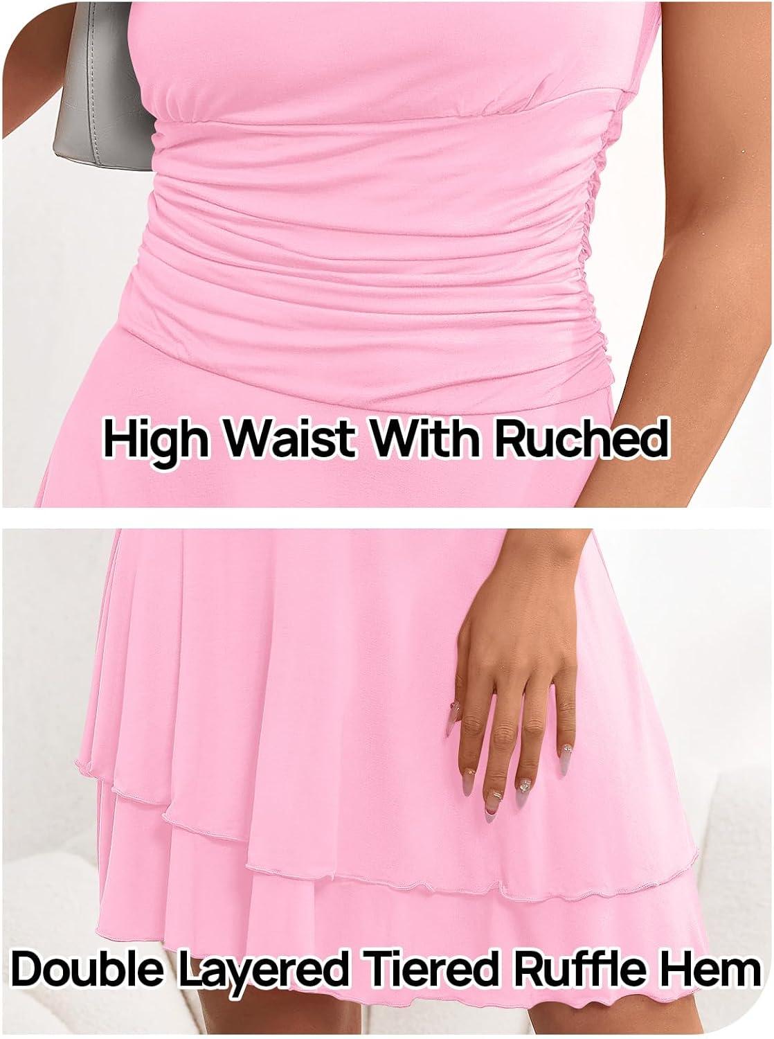 imageMEROKEETY Womens 2026 Summer Strapless Tube Dress Sexy Off Shoulder Ruffle Tiered Flowy Mini DressesPink