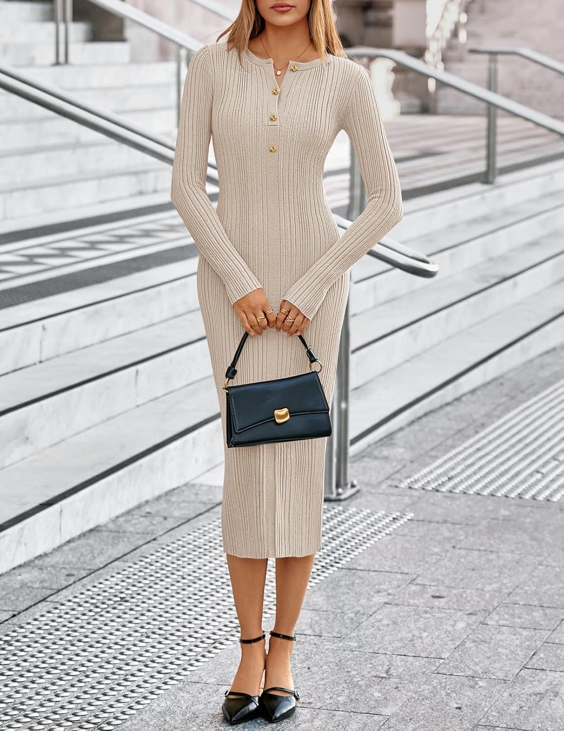 imageMEROKEETY Womens Bodycon Sweater Dress 2025 Fall Winter Long Sleeve Button Crew Neck Ribbed Knit Midi Work DressesAlmond