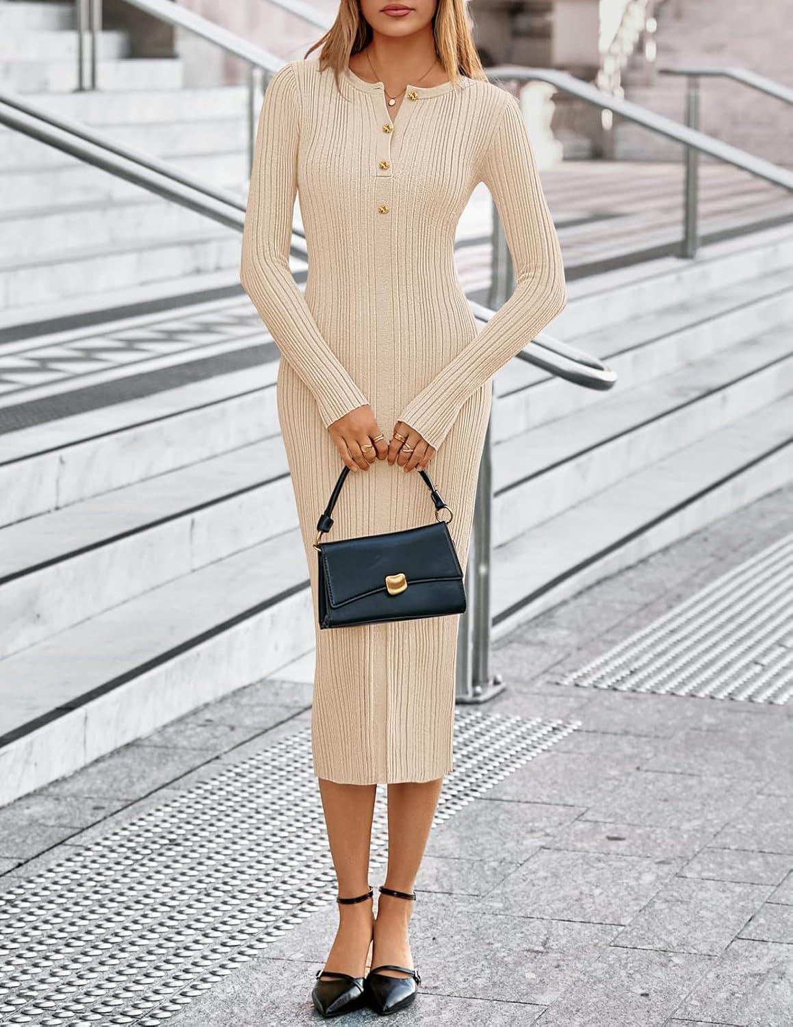 imageMEROKEETY Womens Bodycon Sweater Dress 2025 Fall Winter Long Sleeve Button Crew Neck Ribbed Knit Midi Work DressesApricot