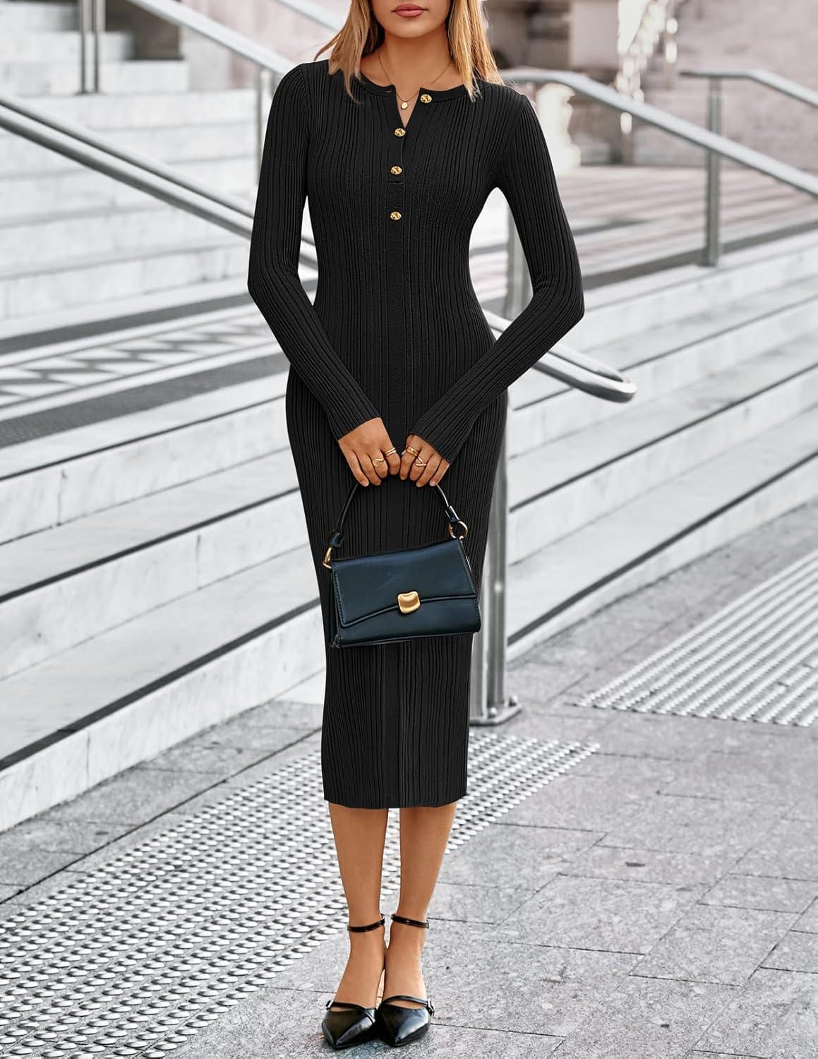 imageMEROKEETY Womens Bodycon Sweater Dress 2025 Fall Winter Long Sleeve Button Crew Neck Ribbed Knit Midi Work DressesBlack
