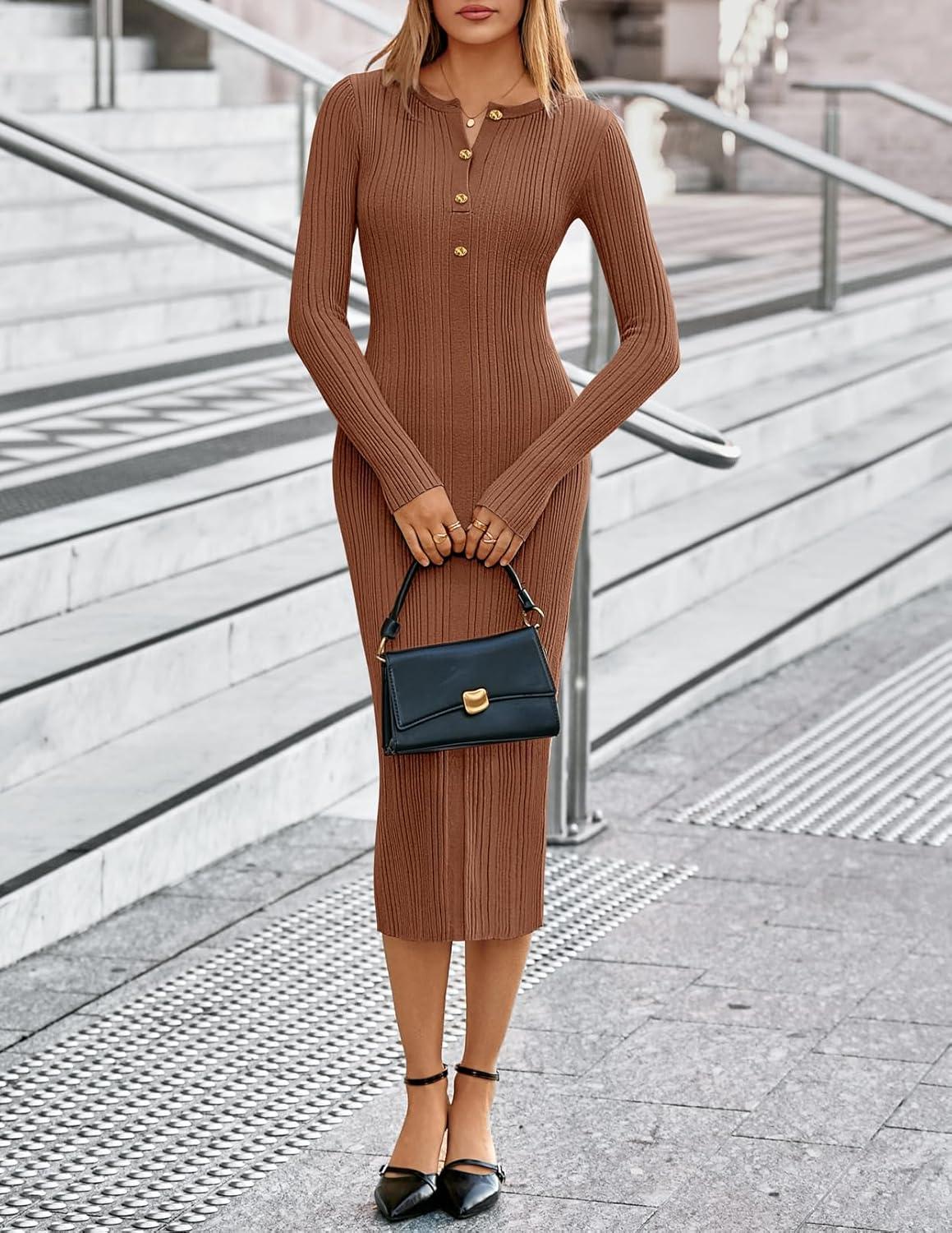 imageMEROKEETY Womens Bodycon Sweater Dress 2025 Fall Winter Long Sleeve Button Crew Neck Ribbed Knit Midi Work DressesBrown