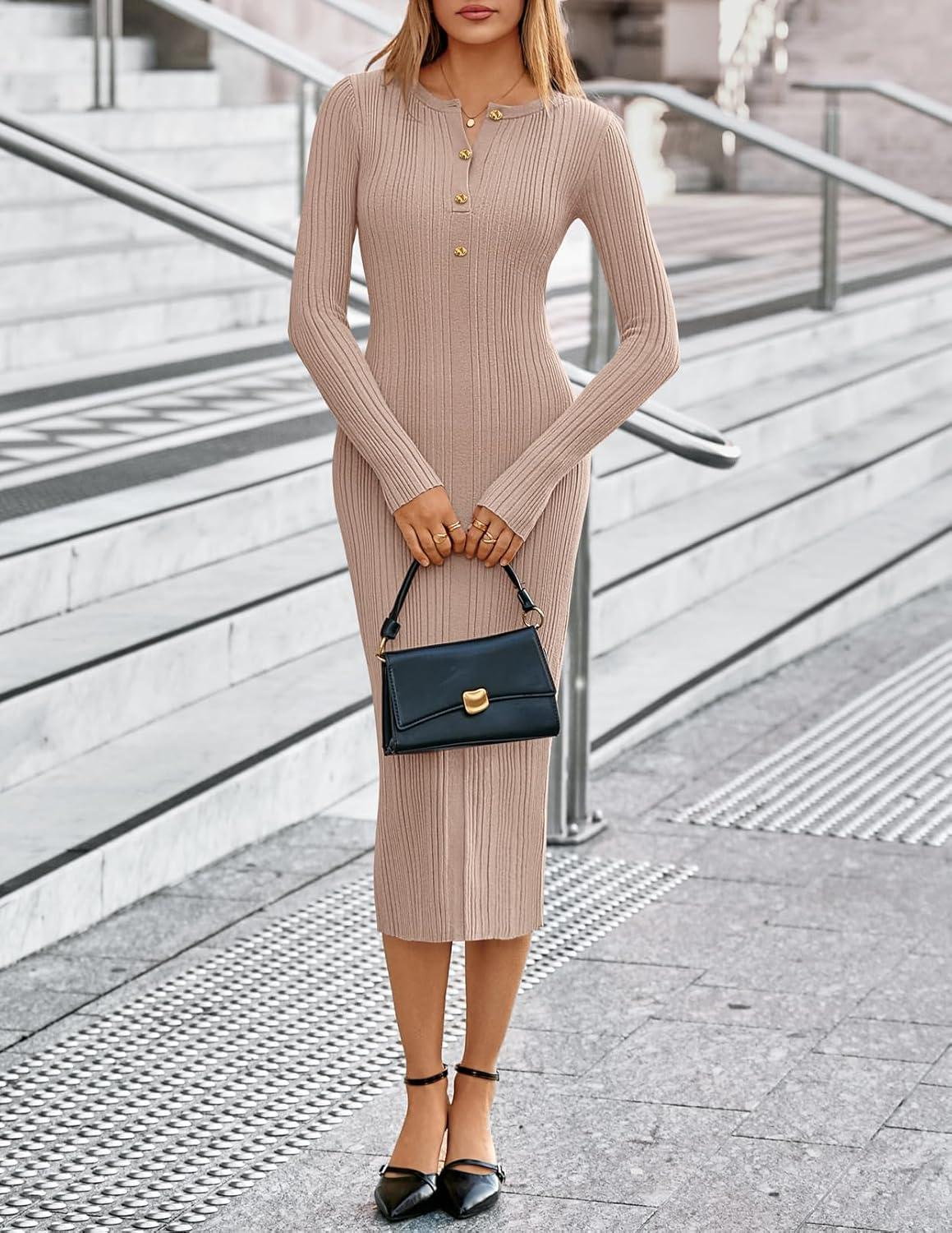 imageMEROKEETY Womens Bodycon Sweater Dress 2025 Fall Winter Long Sleeve Button Crew Neck Ribbed Knit Midi Work DressesKhaki
