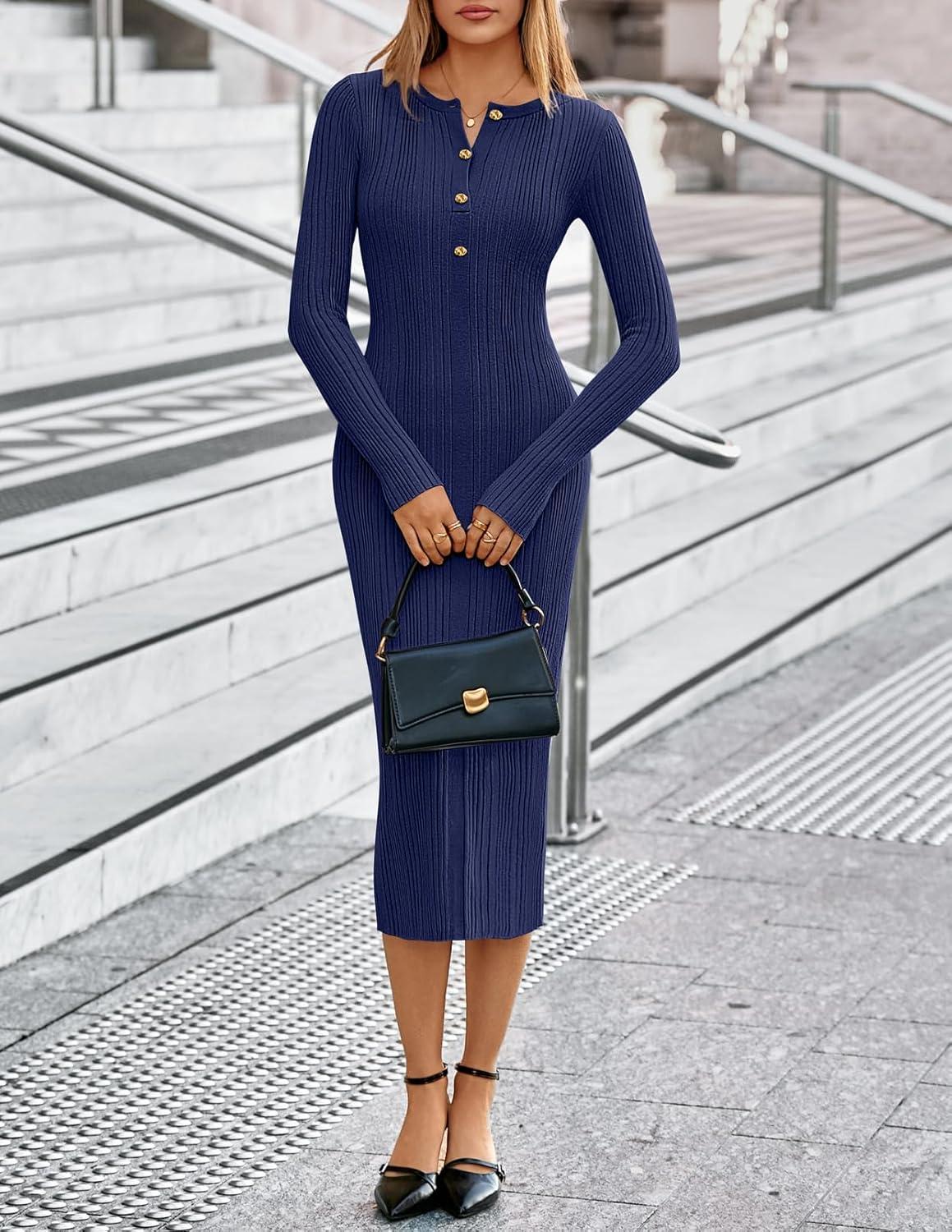imageMEROKEETY Womens Bodycon Sweater Dress 2025 Fall Winter Long Sleeve Button Crew Neck Ribbed Knit Midi Work DressesNavy