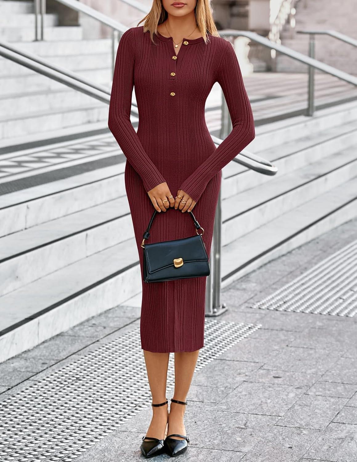 imageMEROKEETY Womens Bodycon Sweater Dress 2025 Fall Winter Long Sleeve Button Crew Neck Ribbed Knit Midi Work DressesWinered