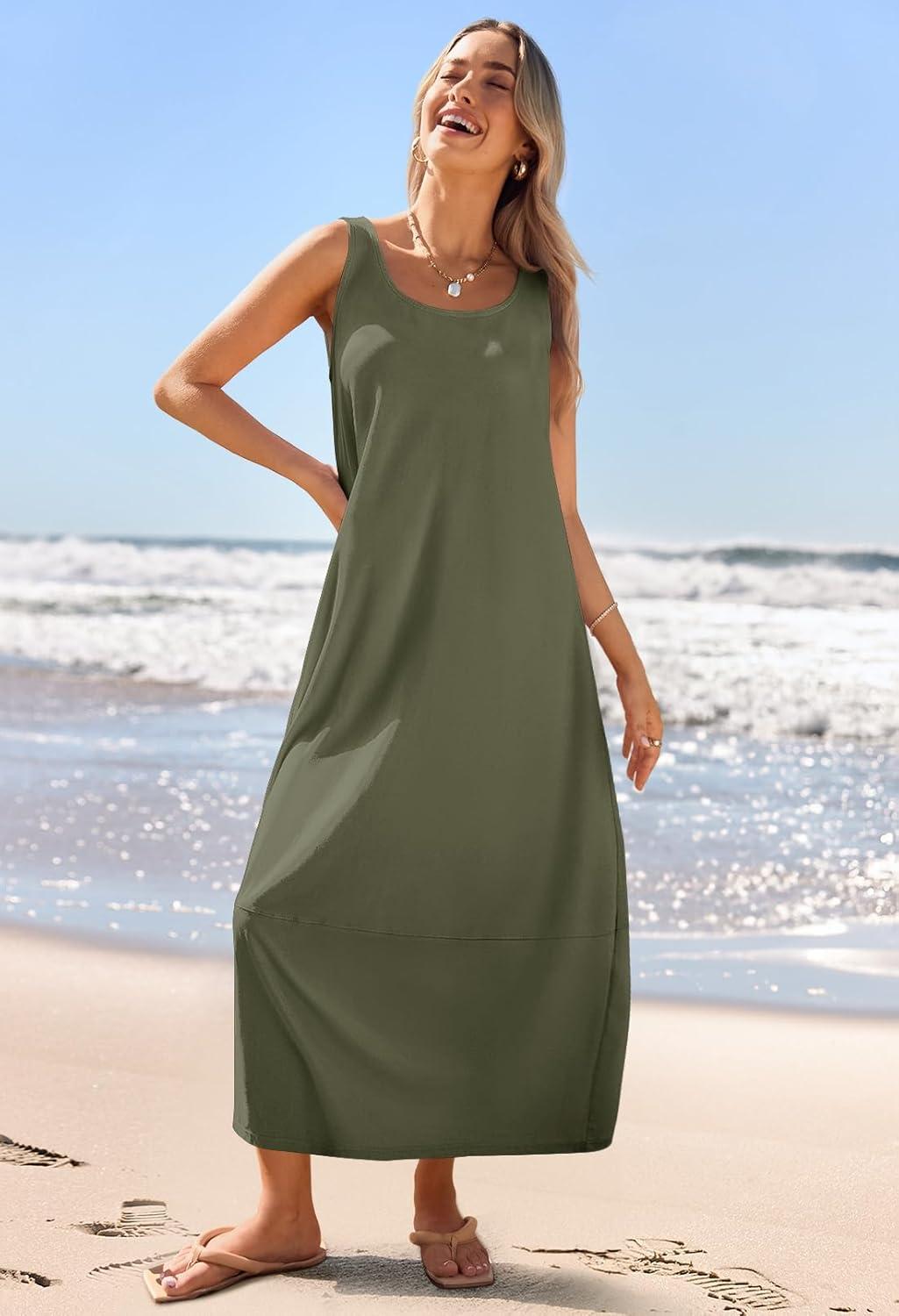 imageMEROKEETY Womens Boho Maxi Sundress 2026 Summer Beach Dress Scoop Neck Sleeveless Loose Tank DressArmygreen
