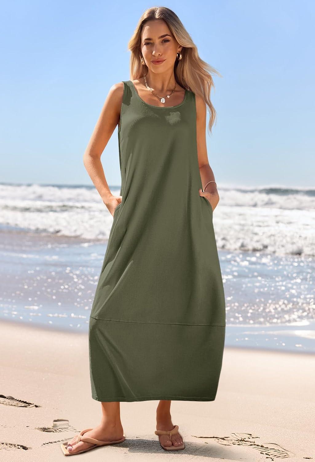 imageMEROKEETY Womens Boho Maxi Sundress 2026 Summer Beach Dress Scoop Neck Sleeveless Loose Tank DressArmygreen