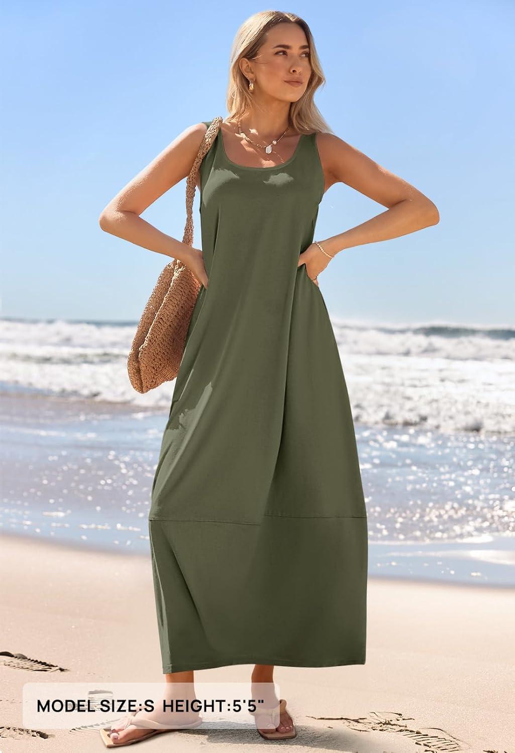 imageMEROKEETY Womens Boho Maxi Sundress 2026 Summer Beach Dress Scoop Neck Sleeveless Loose Tank DressArmygreen
